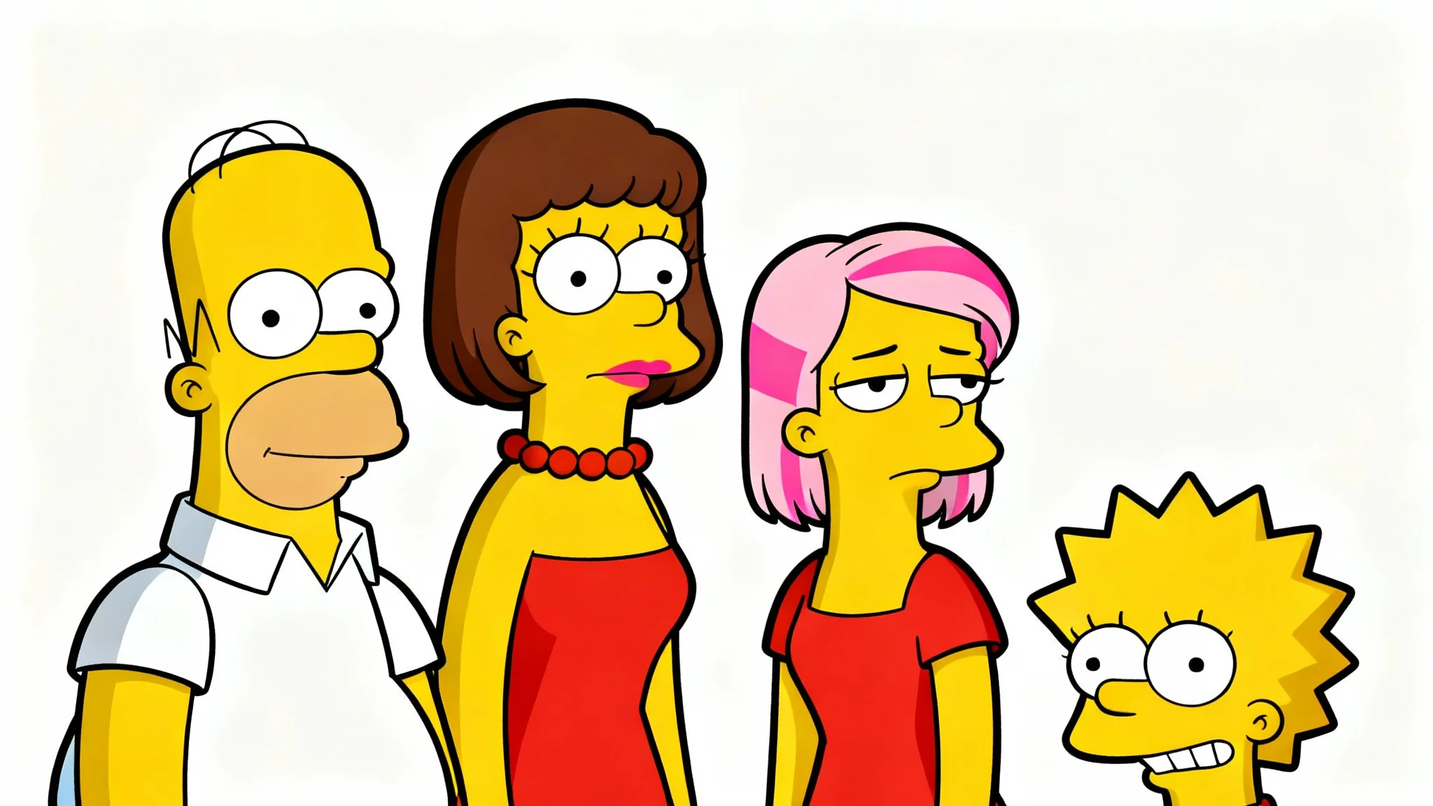 A custom family portrait of four people—a father, mother, teenage daughter, and young son—drawn in the recognizable yellow-skinned, large-eyed cartoon style of The Simpsons, set against a plain white background.