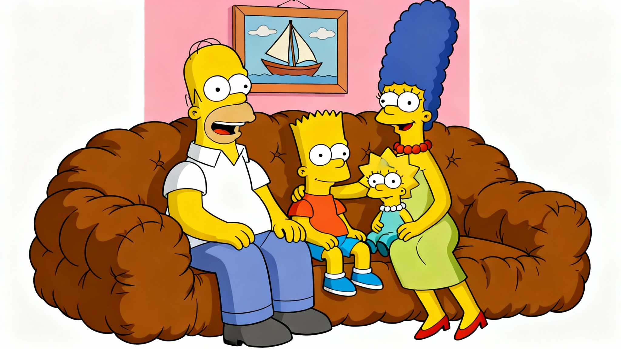 A custom family portrait showing a family of four drawn in the cartoon style of The Simpsons, sitting on the iconic brown couch in their living room.