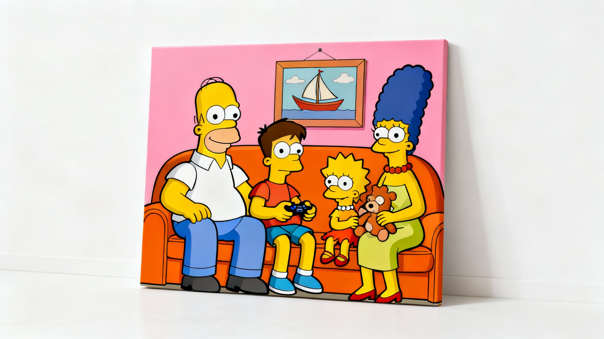 A family of four reimagined as Simpsons characters, sitting on the iconic orange couch in a cheerful portrait against a solid white background.