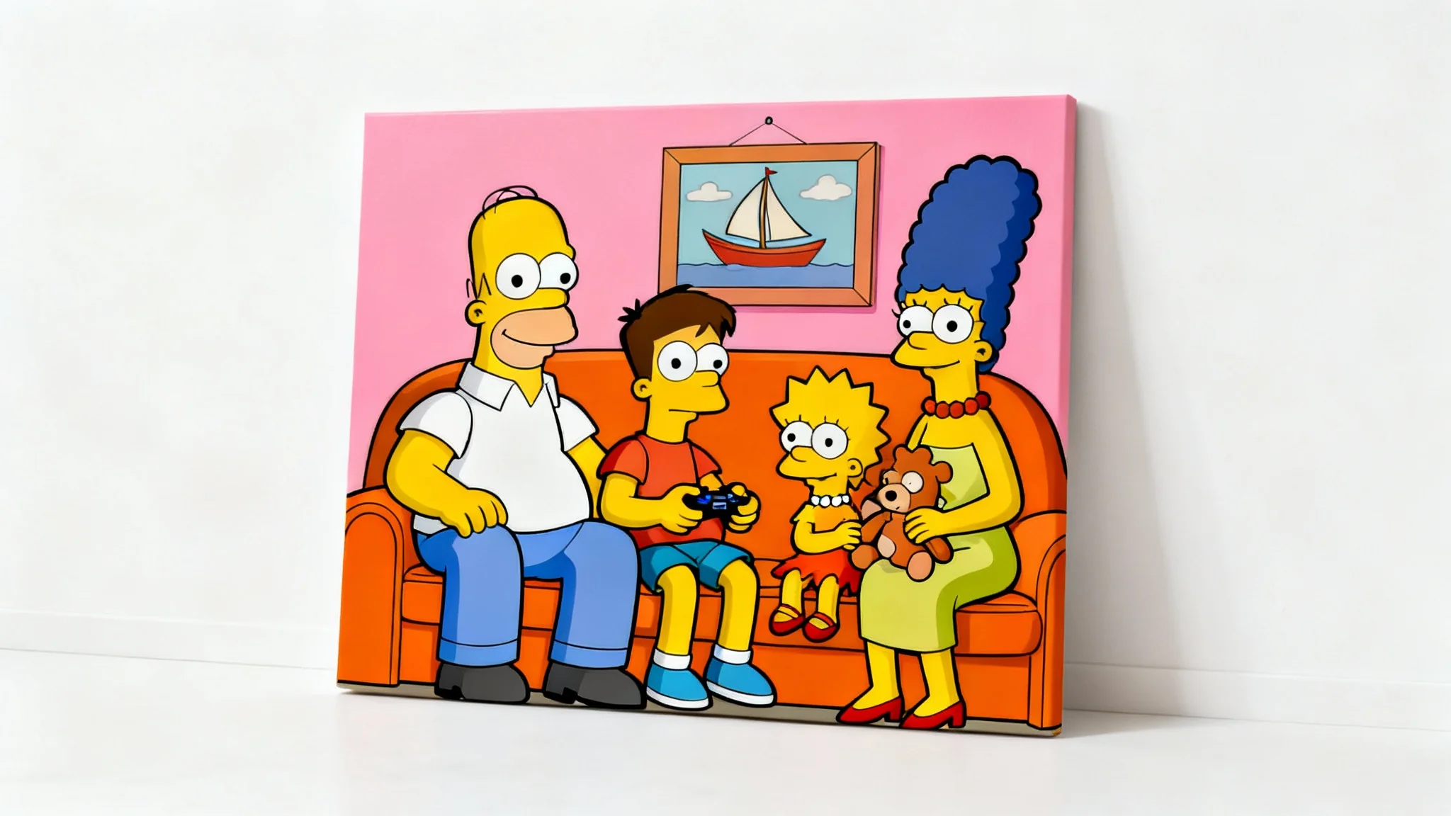 A family of four reimagined as Simpsons characters, sitting on the iconic orange couch in a cheerful portrait against a solid white background.
