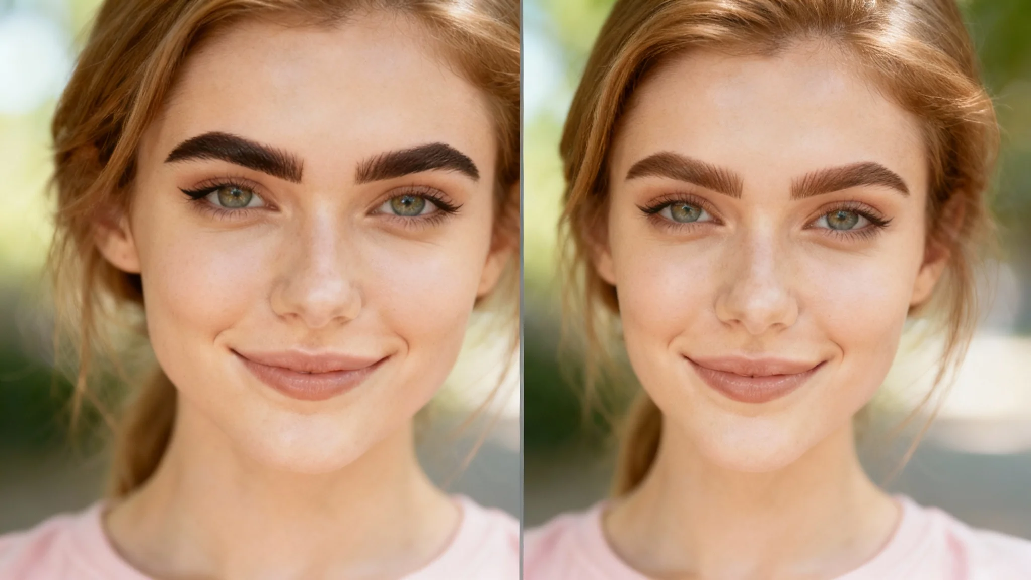A before-and-after comparison image. The 'before' side shows a woman with light brown hair and dark eyebrows. The 'after' side shows her eyebrows edited to a light brown color that matches her hair.