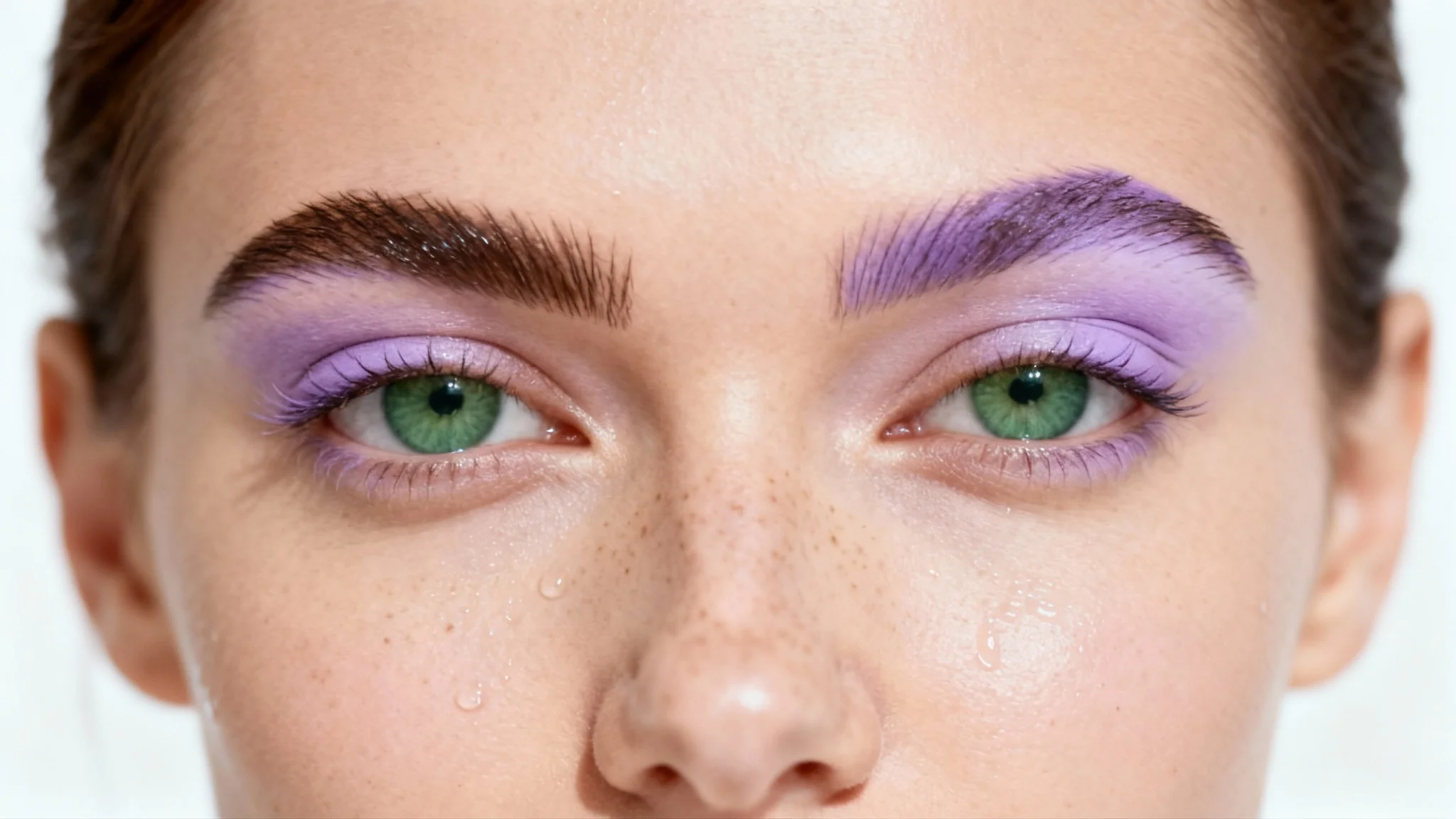 A close-up photo of a woman's eyes, showing one natural dark brown eyebrow and one vibrant pastel lavender eyebrow, illustrating an eyebrow color changer effect against a white background.