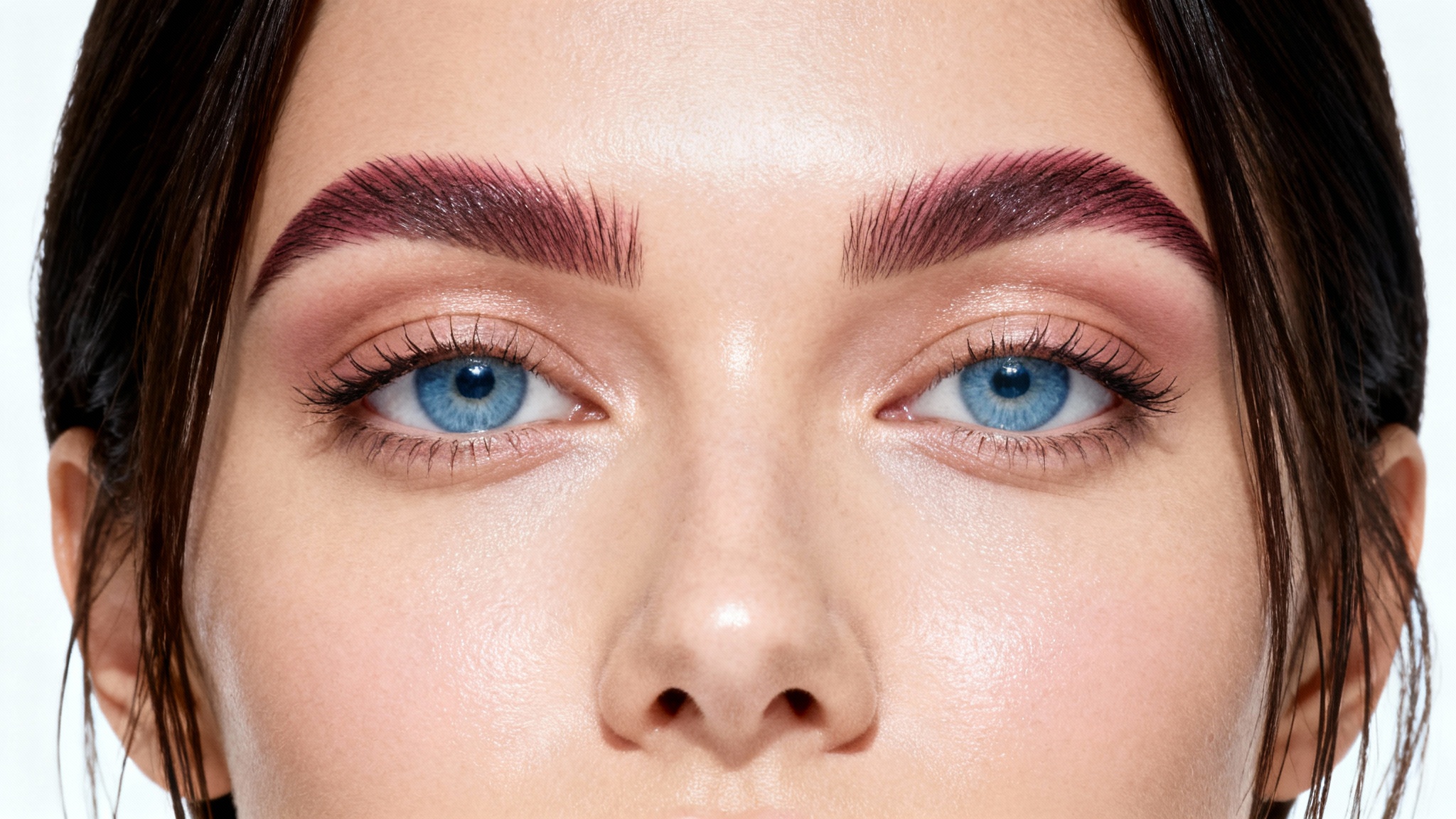 A close-up beauty shot of a woman with dark hair showcasing her perfectly groomed eyebrows colored in a trendy dusty rose, set against a plain white background.
