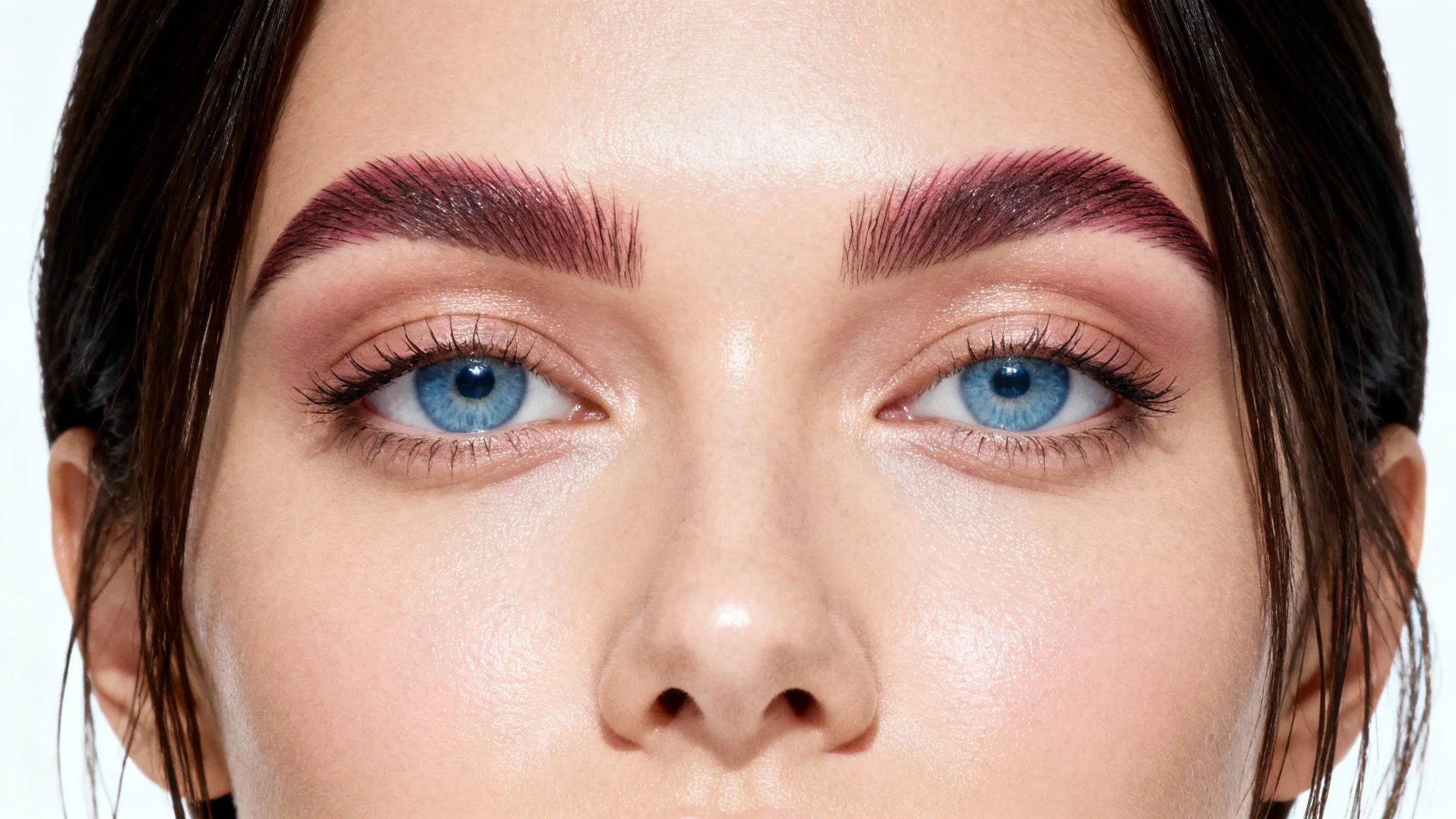 A close-up beauty shot of a woman with dark hair showcasing her perfectly groomed eyebrows colored in a trendy dusty rose, set against a plain white background.