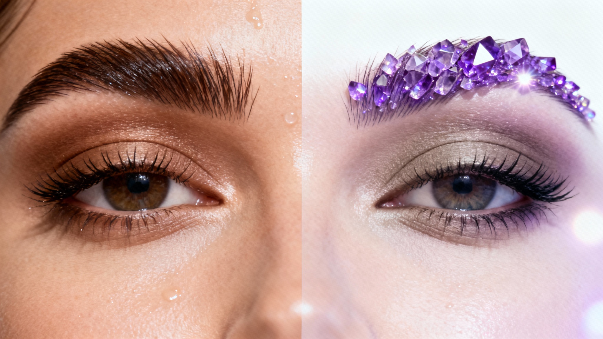 A close-up split-screen image showing a woman's eyebrow before and after using an eyebrow color changer, changing from natural brown to vibrant purple.