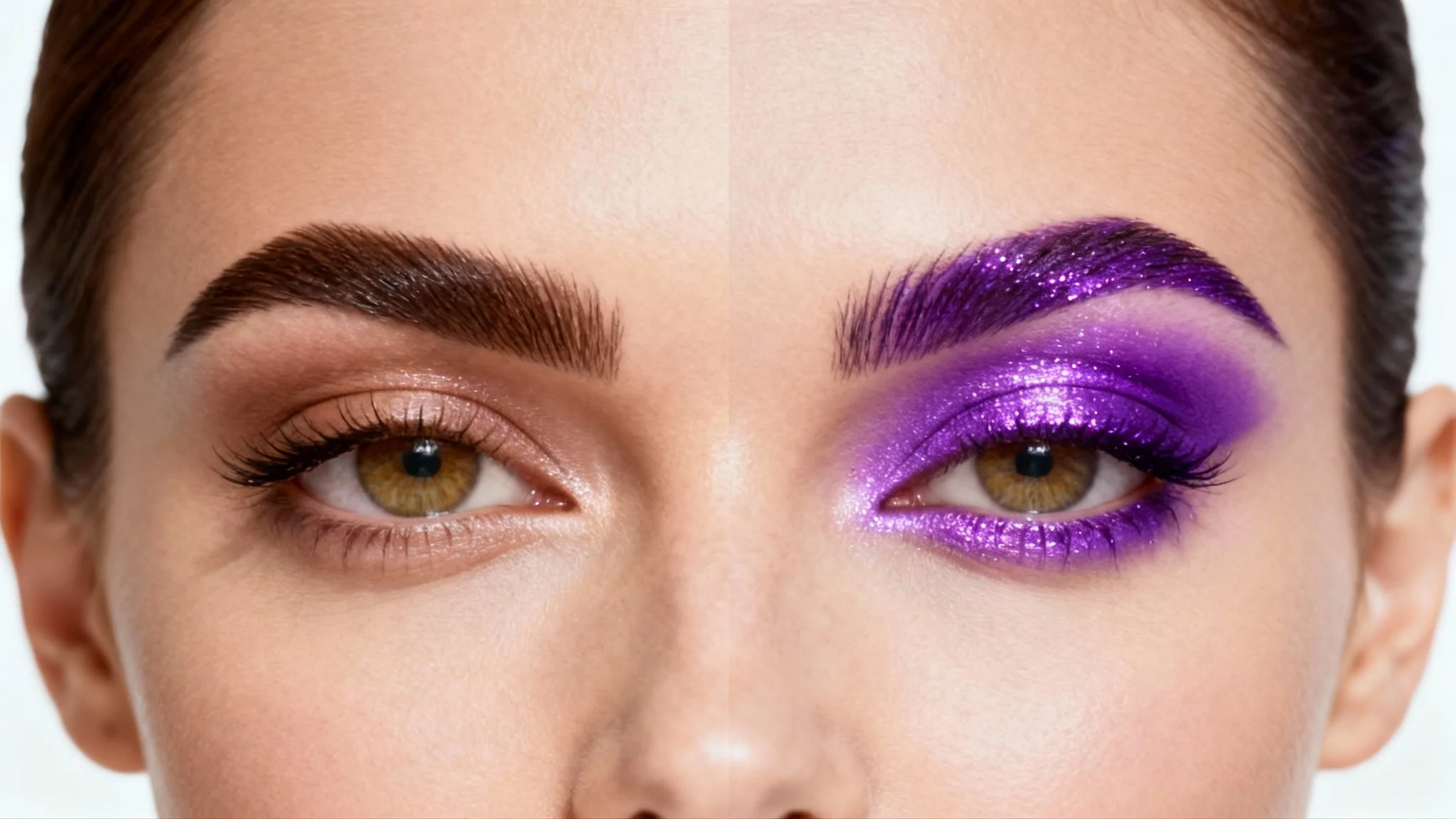 A close-up split image demonstrating an eyebrow color changer, showing a natural dark brown eyebrow on the left and the same eyebrow in a vibrant electric purple on the right.