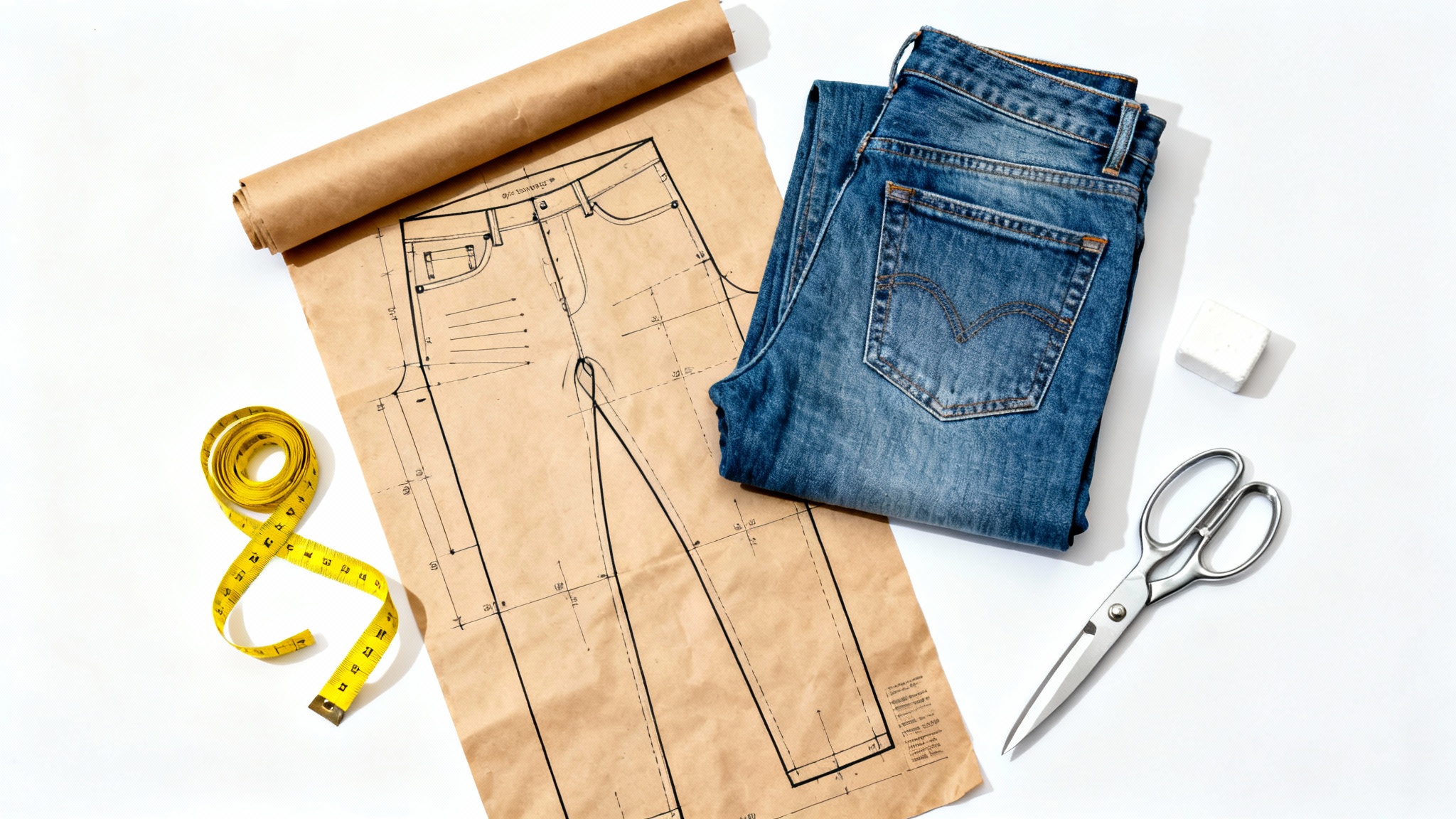 A top-down view of a custom jeans sewing pattern, a pair of denim jeans, and tailoring tools like scissors and a measuring tape arranged on a white background.