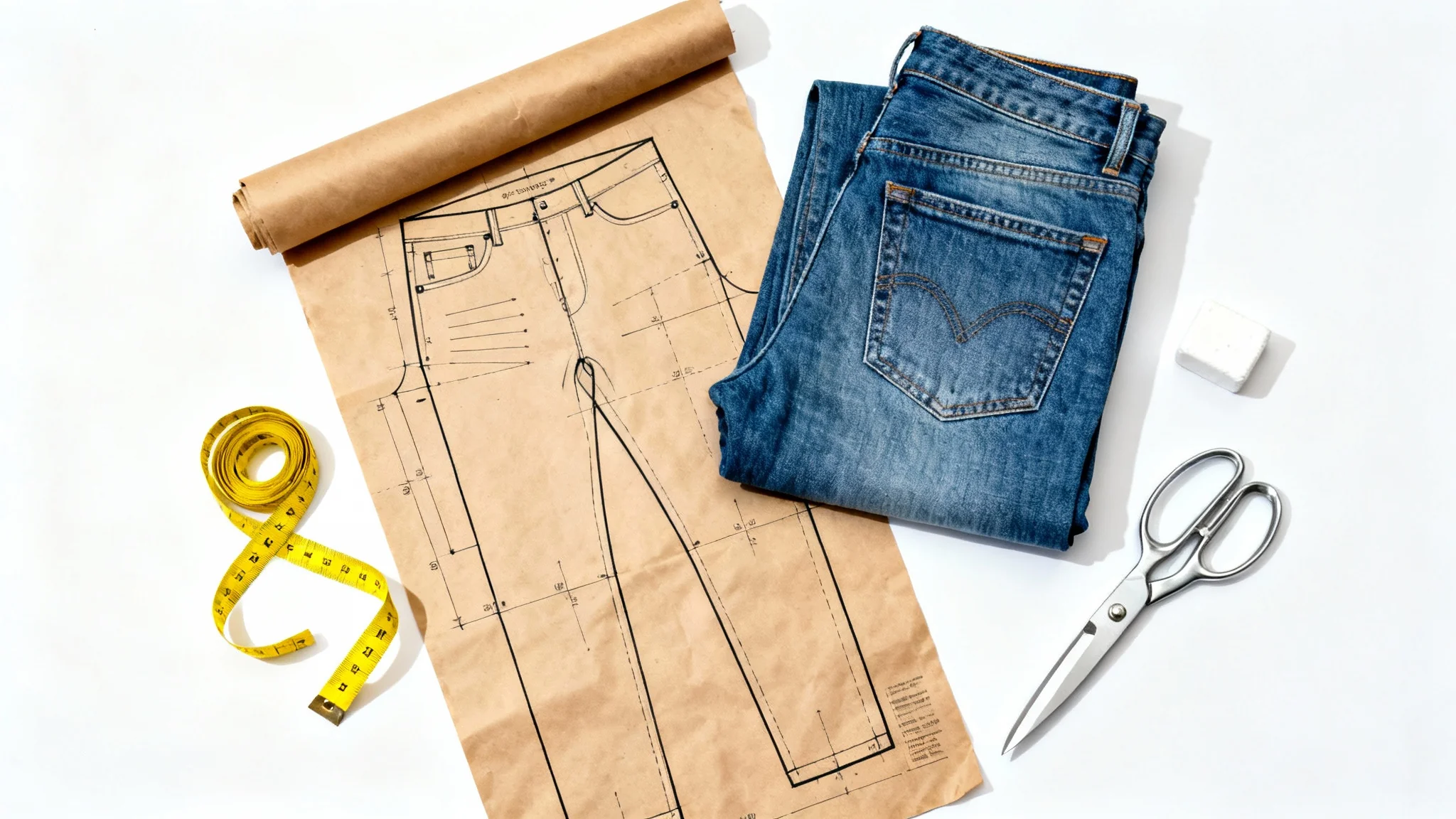 A top-down view of a custom jeans sewing pattern, a pair of denim jeans, and tailoring tools like scissors and a measuring tape arranged on a white background.