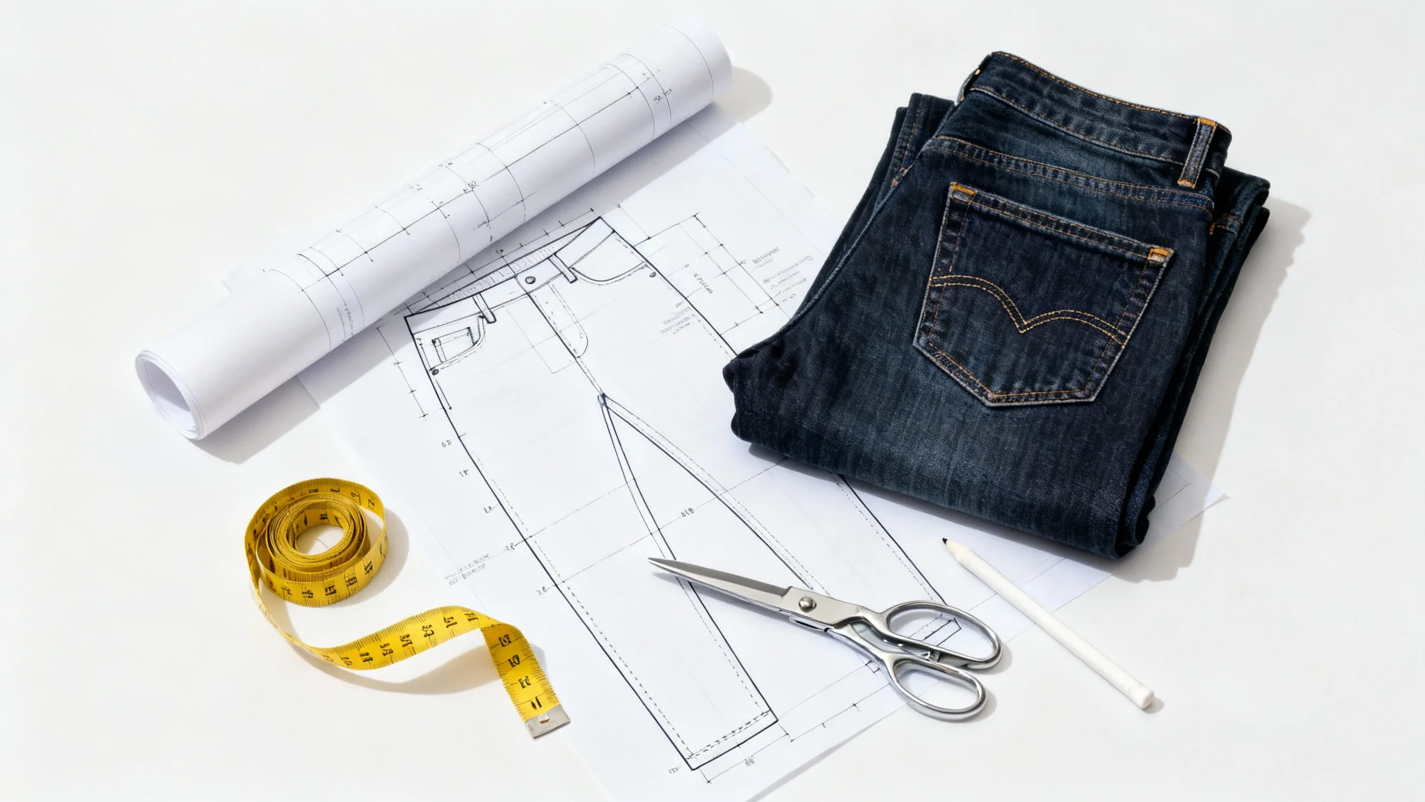 A top-down view of a sewing pattern for jeans, a finished pair of dark denim jeans, scissors, a measuring tape, and chalk arranged on a white background.