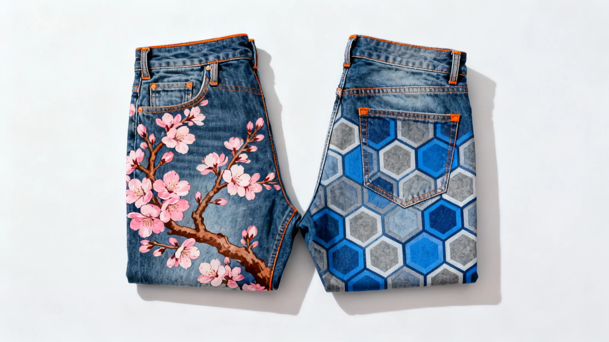 A flat lay photo of custom-patterned jeans on a white background, with one leg featuring a cherry blossom design and the other a geometric pattern.