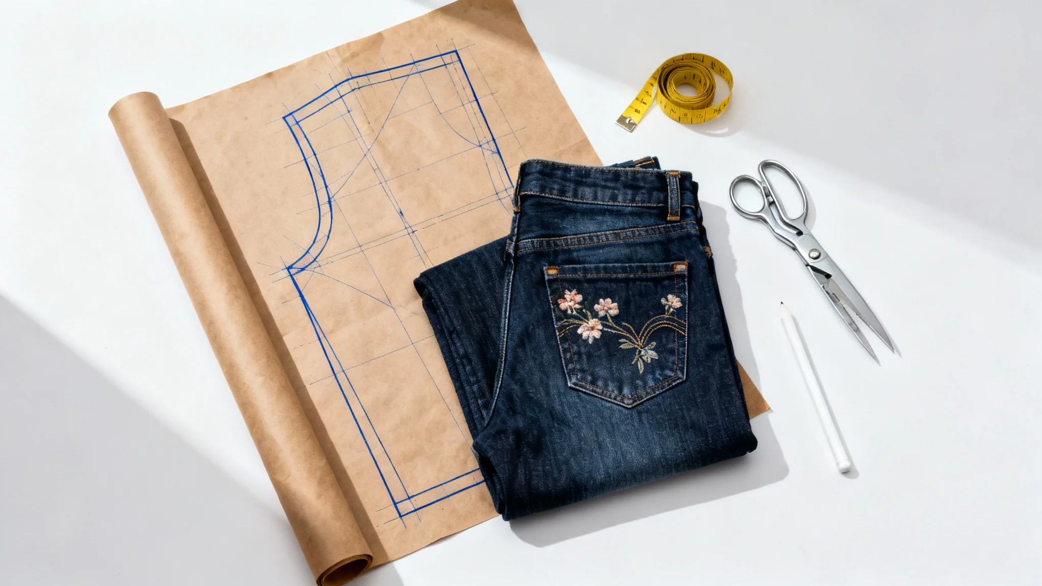 A top-down view of a custom jeans pattern on brown paper, a finished pair of dark denim jeans with embroidery, a measuring tape, and scissors, all arranged on a clean white background.