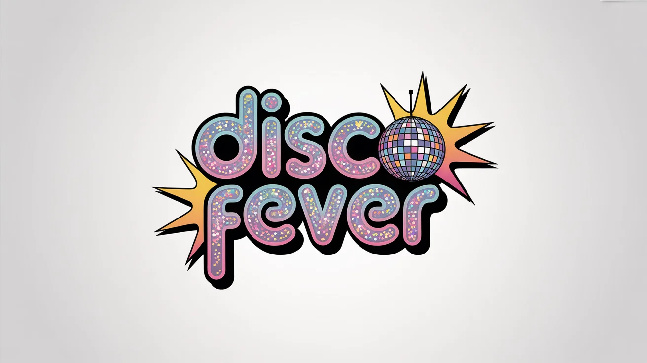 A vibrant disco-themed logo with the words 'DISCO FEVER' in a glittery, neon-outlined font. A silver disco ball is part of the design, set against a plain white background.