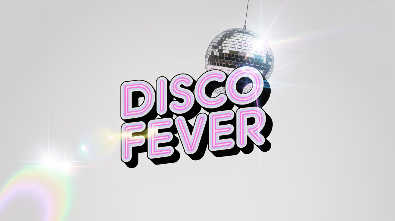 A vibrant disco logo mockup featuring the text 'DISCO FEVER' in a chrome style font, with a sparkling disco ball and neon highlights on a white background.