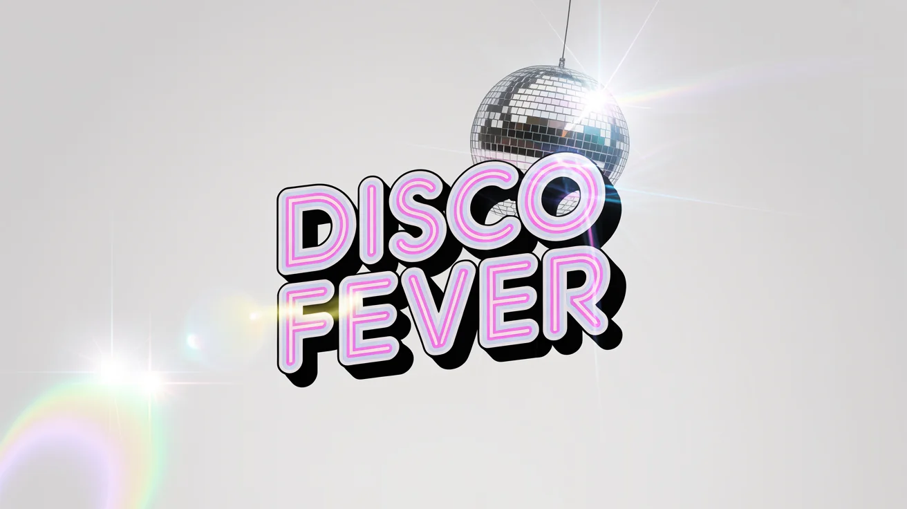 A vibrant disco logo mockup featuring the text 'DISCO FEVER' in a chrome style font, with a sparkling disco ball and neon highlights on a white background.