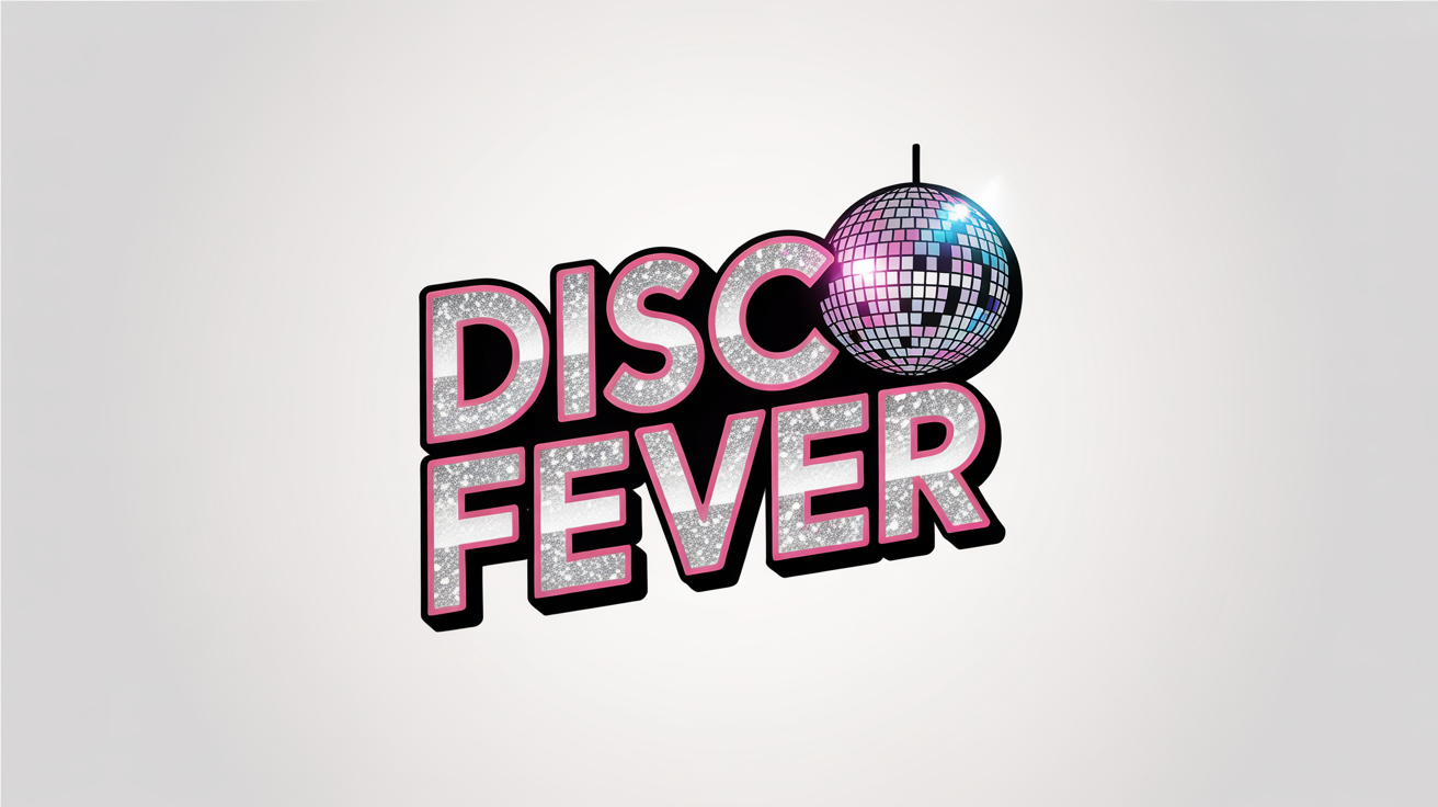 A mockup of a retro disco logo on a white background. The logo says 'DISCO FEVER' in a glittery, 70s-style font with a pink neon glow and features a sparkling disco ball.