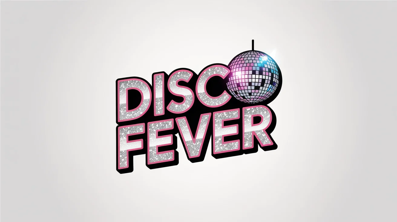 A mockup of a retro disco logo on a white background. The logo says 'DISCO FEVER' in a glittery, 70s-style font with a pink neon glow and features a sparkling disco ball.