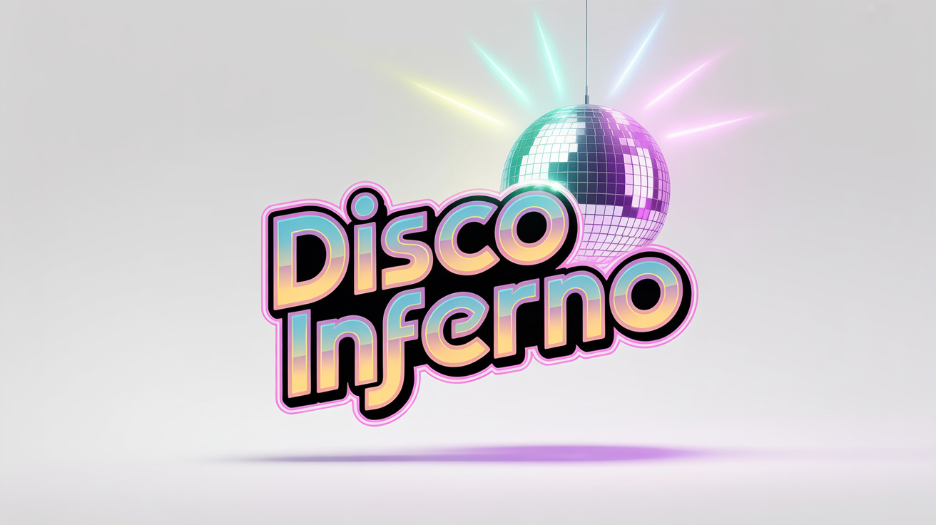 A retro-style logo for 'Disco Inferno' featuring a sparkling disco ball and chrome text with a neon pink glow, presented as a mockup on a white background.