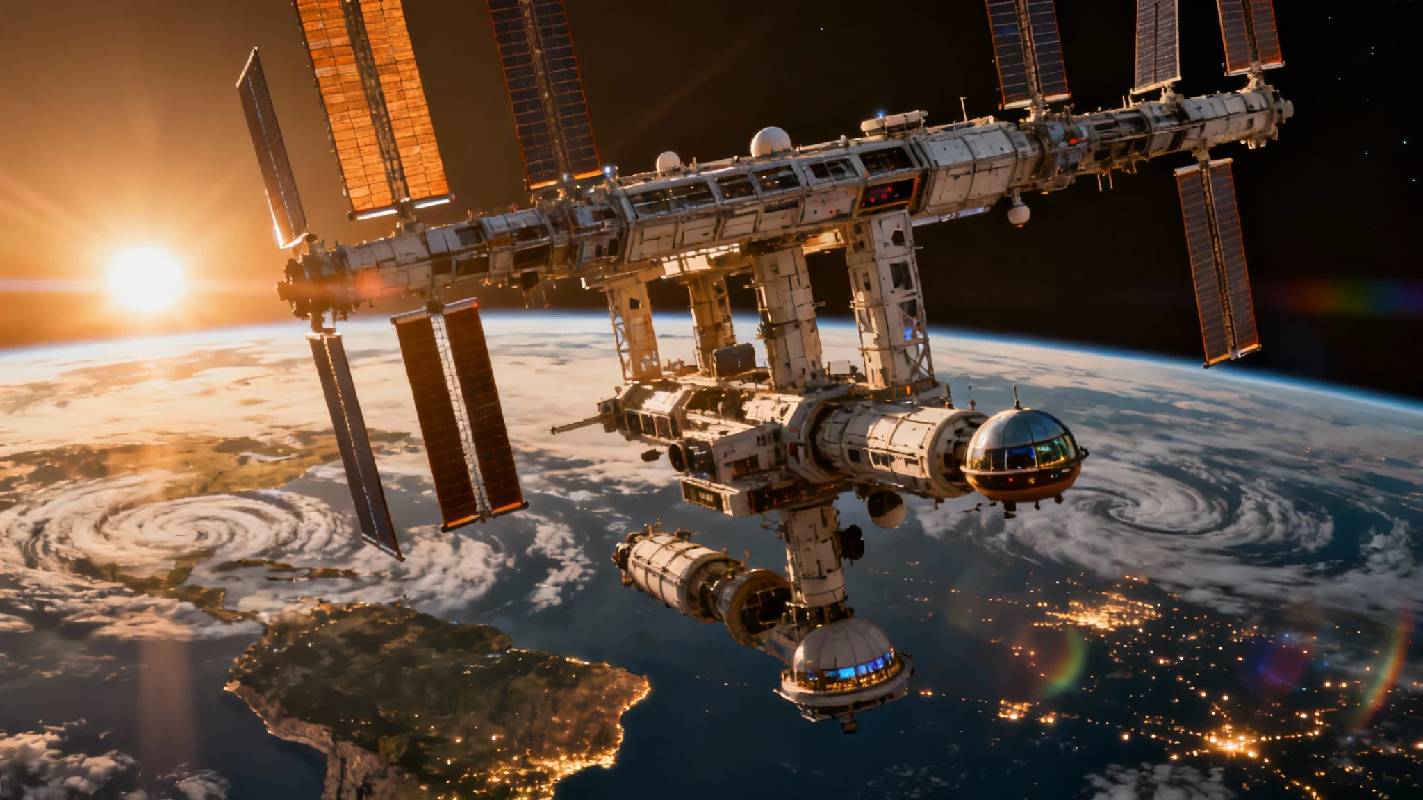 A stunning, photorealistic hero image of a massive, futuristic space station orbiting the Earth, with the sun's light glinting off its detailed modular structure.