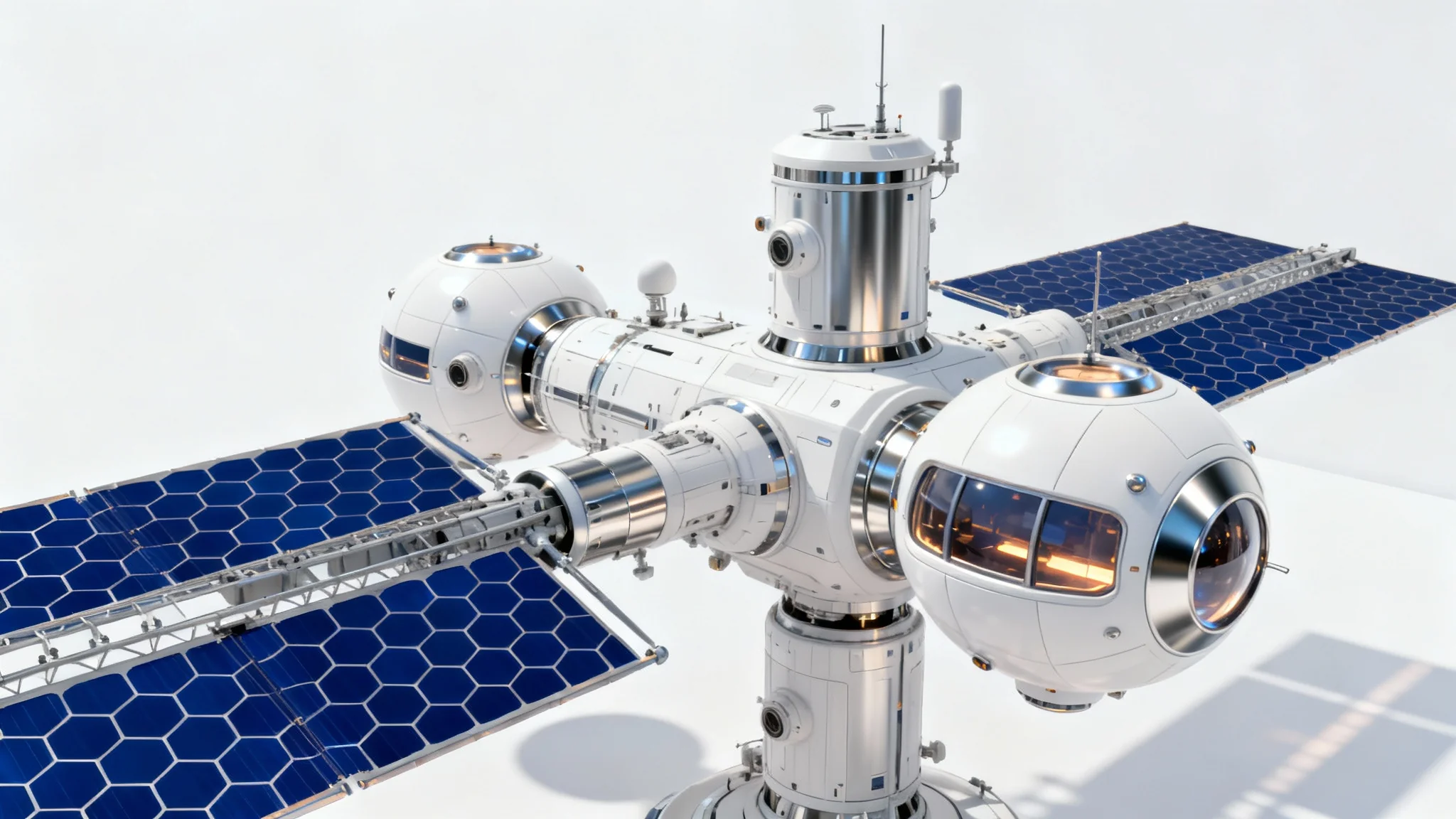 A photorealistic 3D render of a modern, white and titanium modular space station with blue solar panels, presented as a product mockup against a plain white background.