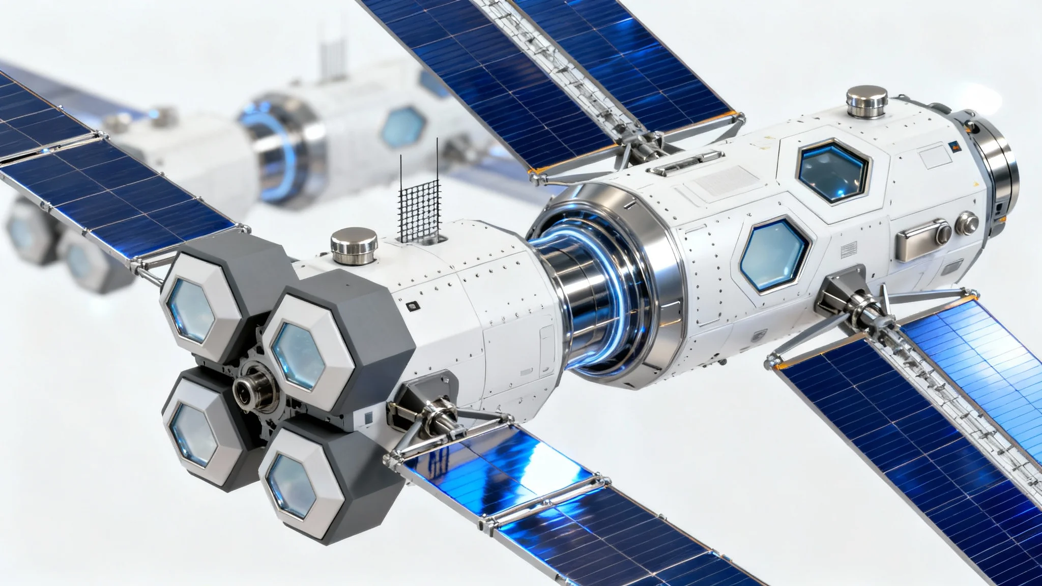 A hyper-realistic, detailed 3D model of a futuristic modular space station with large solar panels, presented on a clean white background.