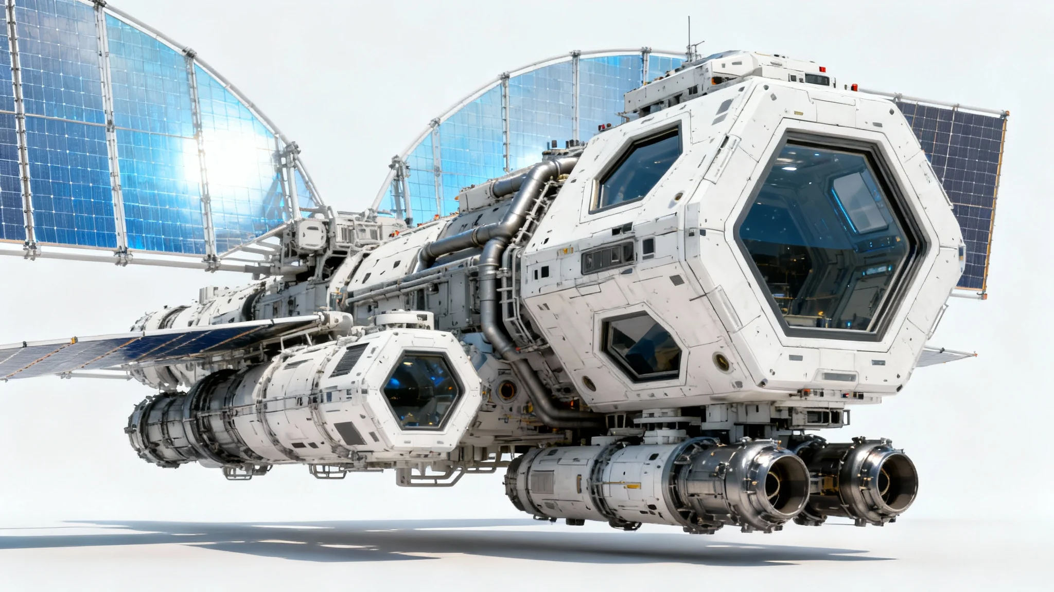 A photorealistic mockup of a large, complex modular space station with expansive solar arrays, presented against a clean white background.