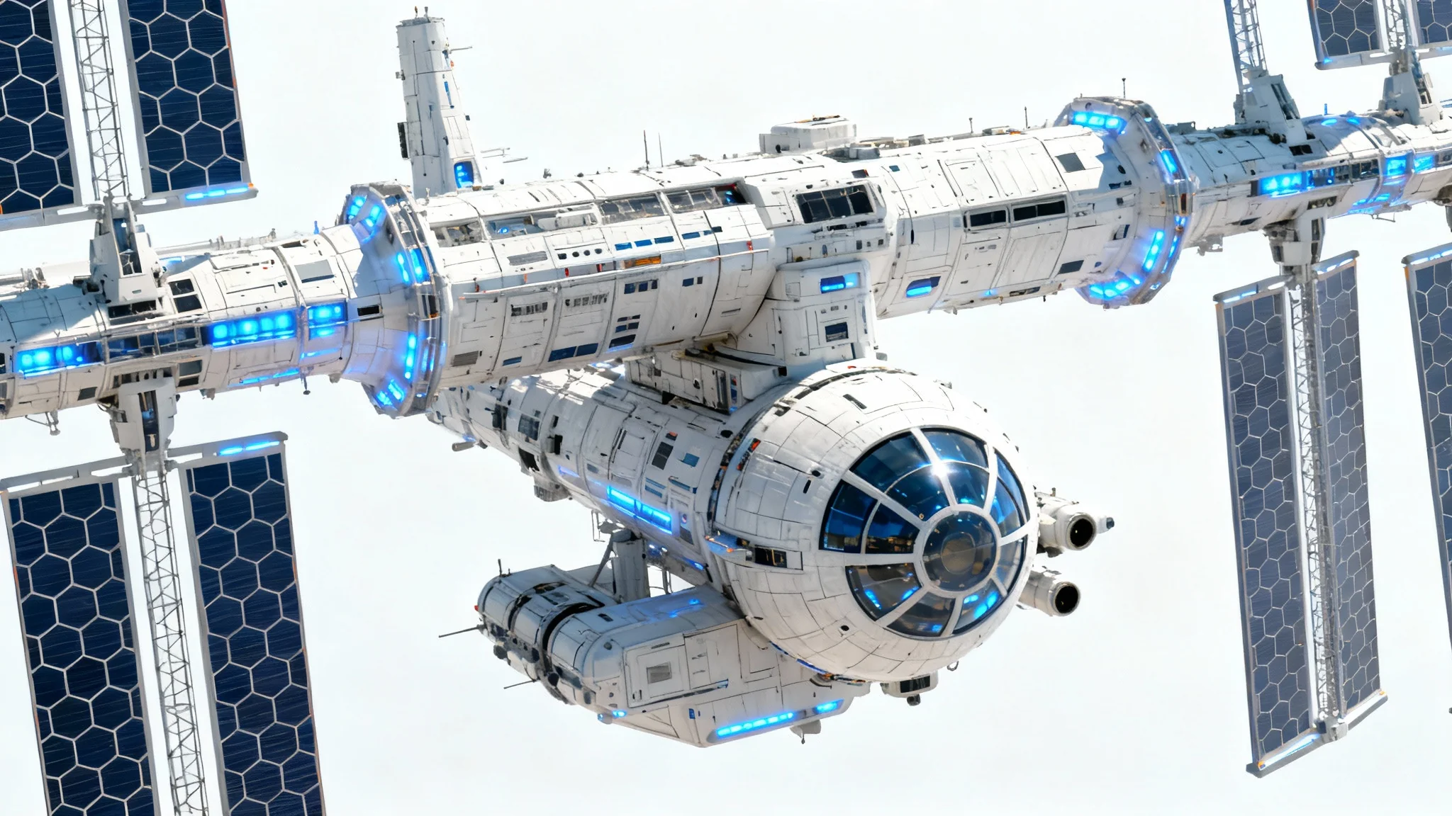 A photorealistic image of a large, futuristic white and metal space station with glowing blue lights and large solar panels, presented against a stark white background.