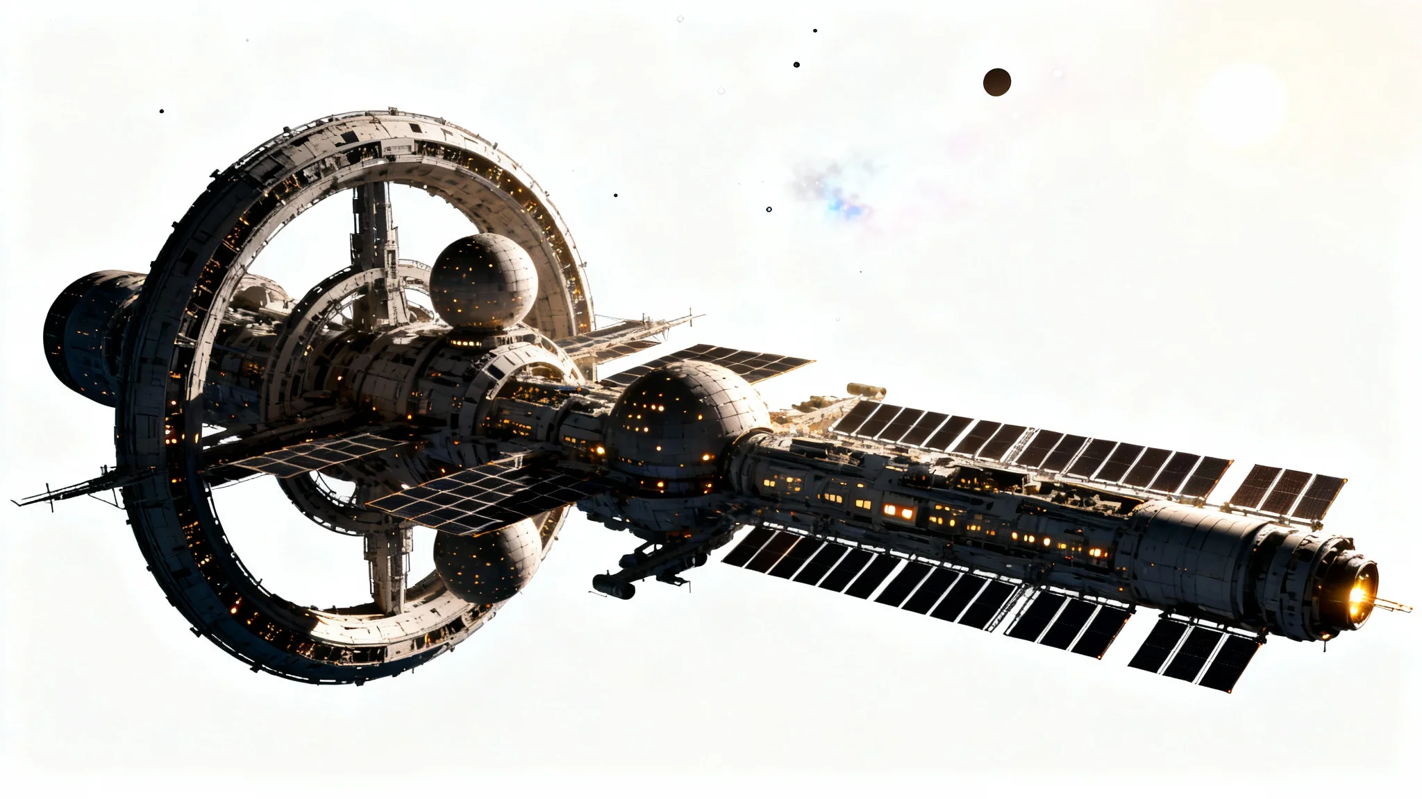 A photorealistic mockup of a large, futuristic space station with intricate details and glowing lights, set against the dark, clean backdrop of deep space.