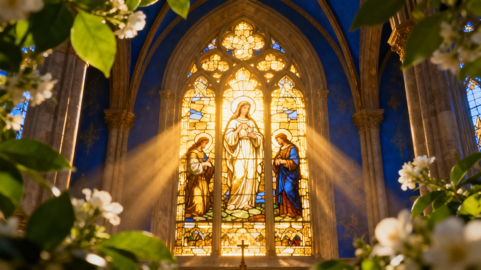 A beautiful and tranquil church background design with golden light streaming through a large stained glass window, illuminating the peaceful scene. Greenery and flowers are visible in the foreground.