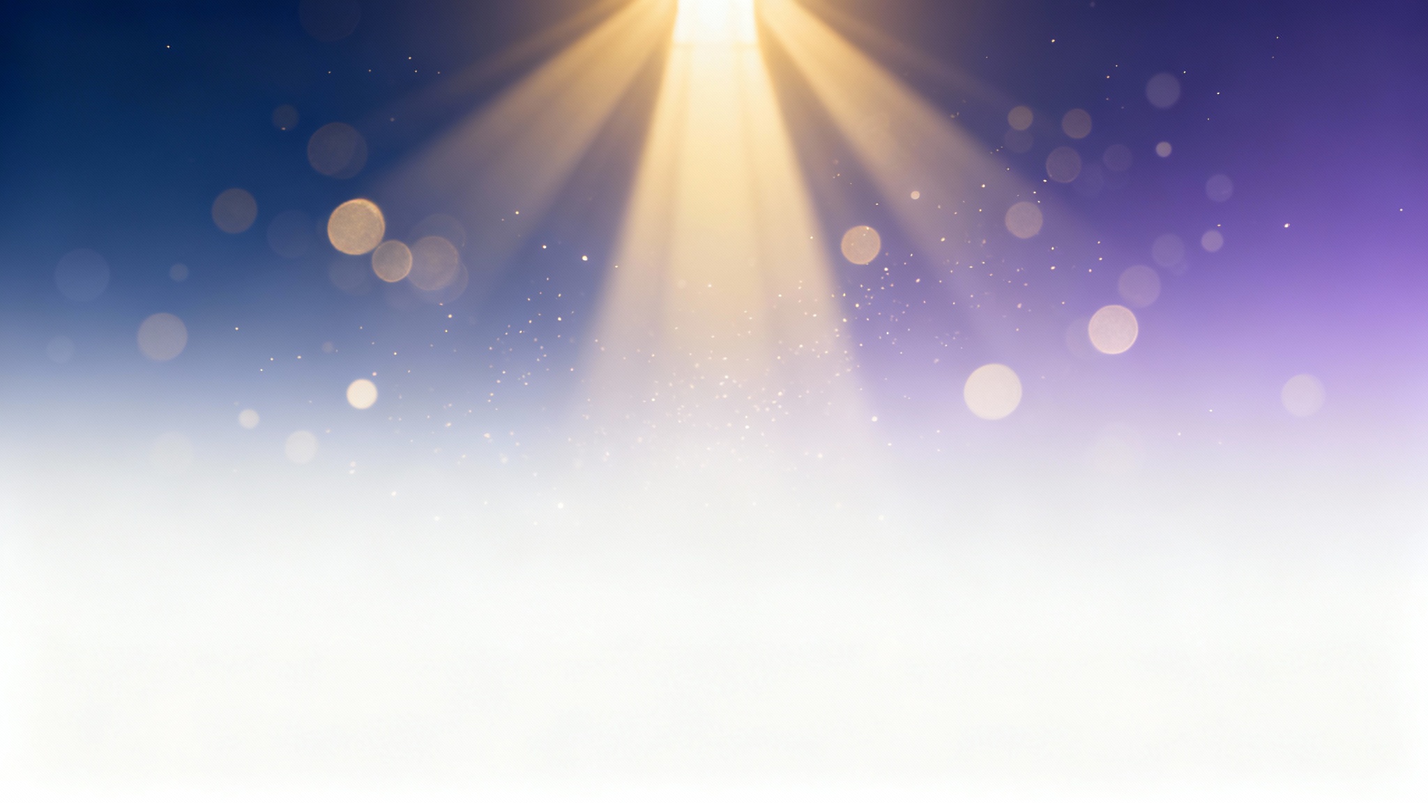 A modern church background design mockup showing ethereal golden light rays shining down against a blue and lavender gradient background with floating bokeh particles, all presented on a clean white surface.