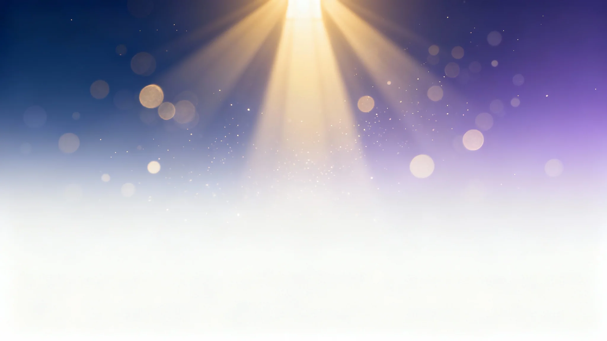 A modern church background design mockup showing ethereal golden light rays shining down against a blue and lavender gradient background with floating bokeh particles, all presented on a clean white surface.