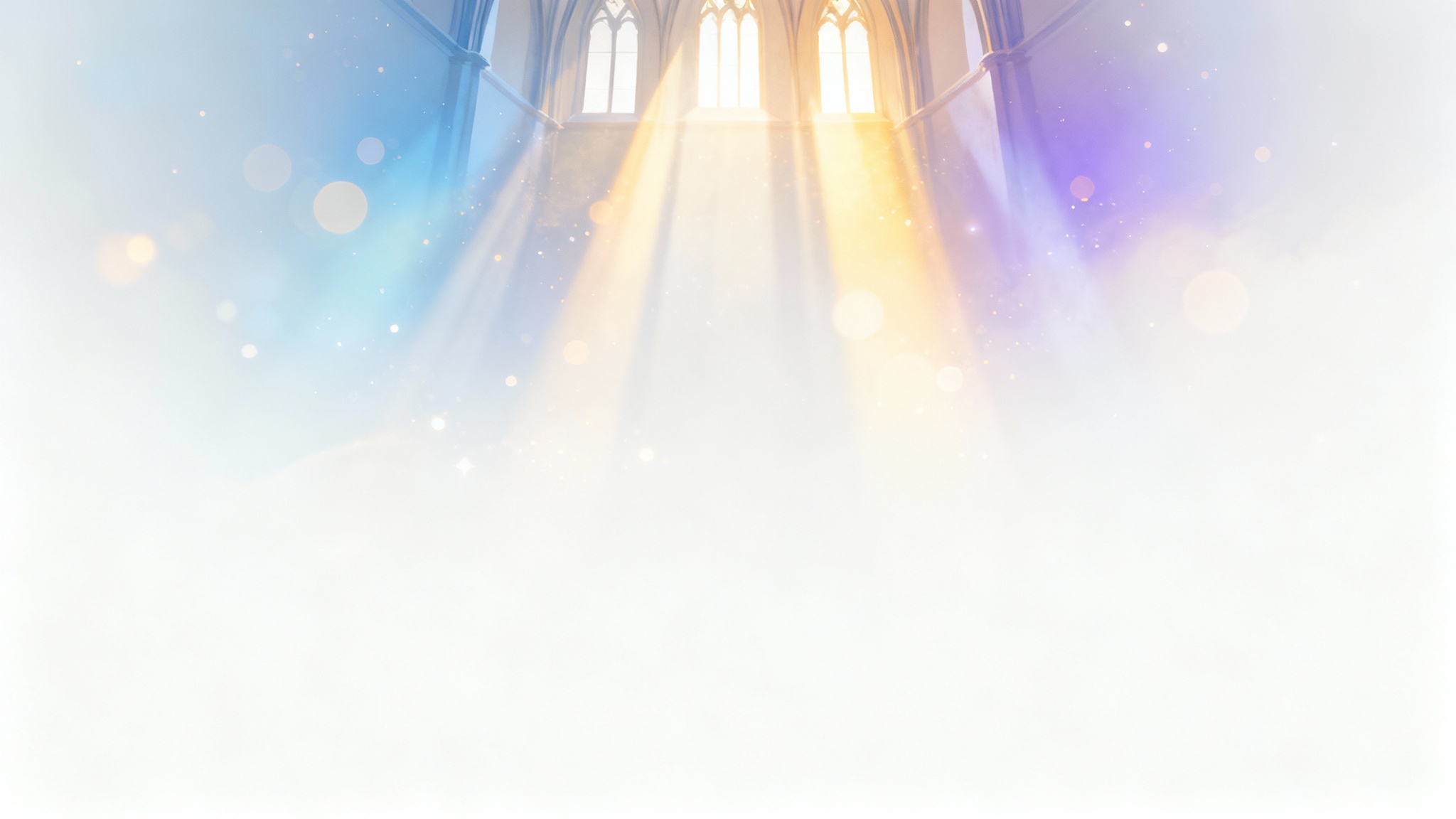 A modern and serene church background design featuring ethereal rays of light in pastel and gold tones, presented as a mockup on a white background.