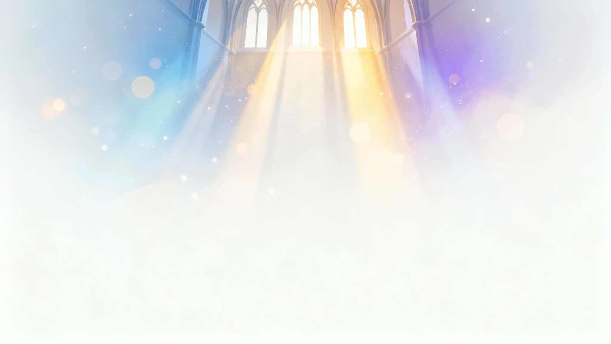 A modern and serene church background design featuring ethereal rays of light in pastel and gold tones, presented as a mockup on a white background.