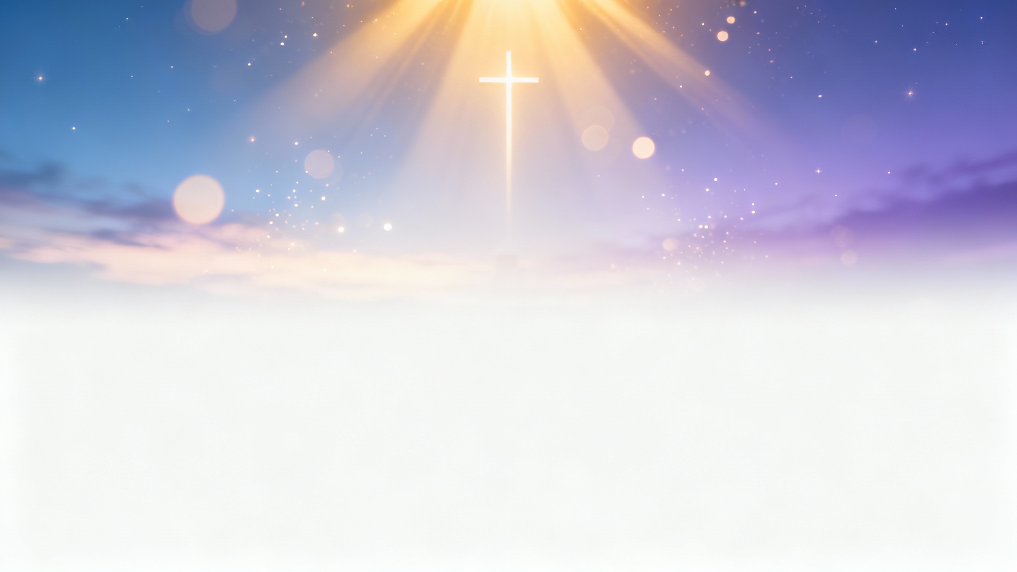 A modern and serene church background design mockup featuring golden light rays over a blue and purple gradient, creating a peaceful and spiritual atmosphere.