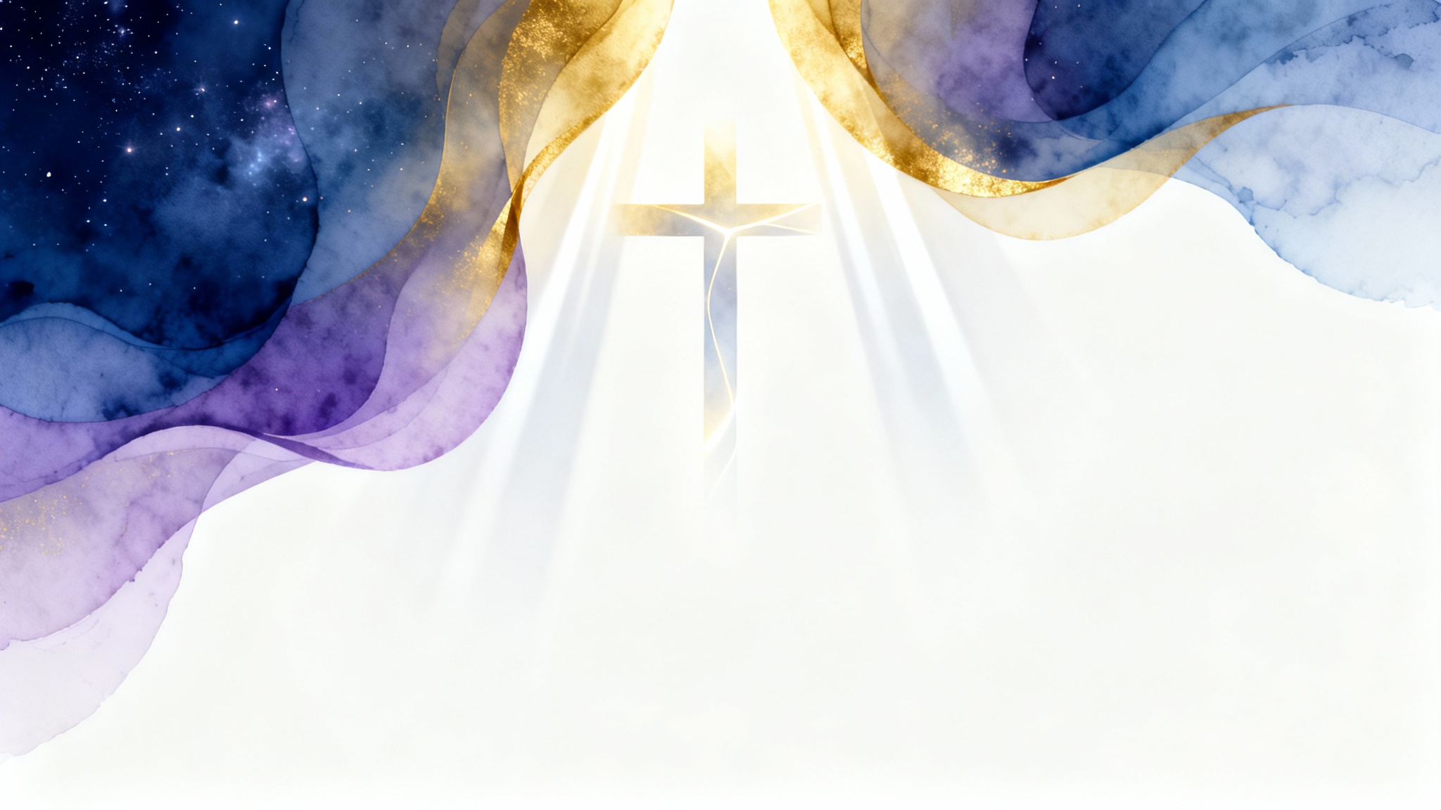A modern church background design featuring golden light rays forming a subtle cross against a serene blue and purple gradient, presented on a clean white background.
