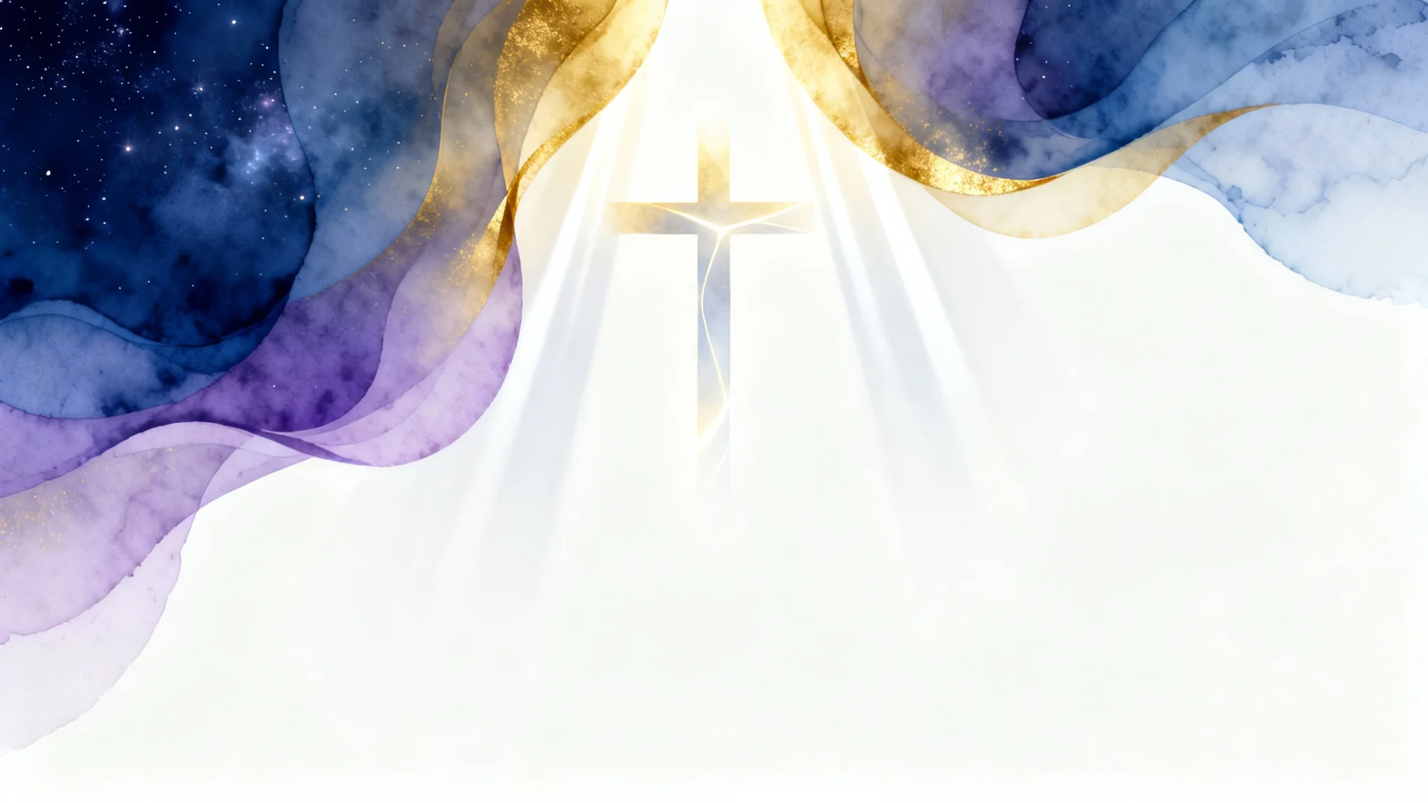 A modern church background design featuring golden light rays forming a subtle cross against a serene blue and purple gradient, presented on a clean white background.