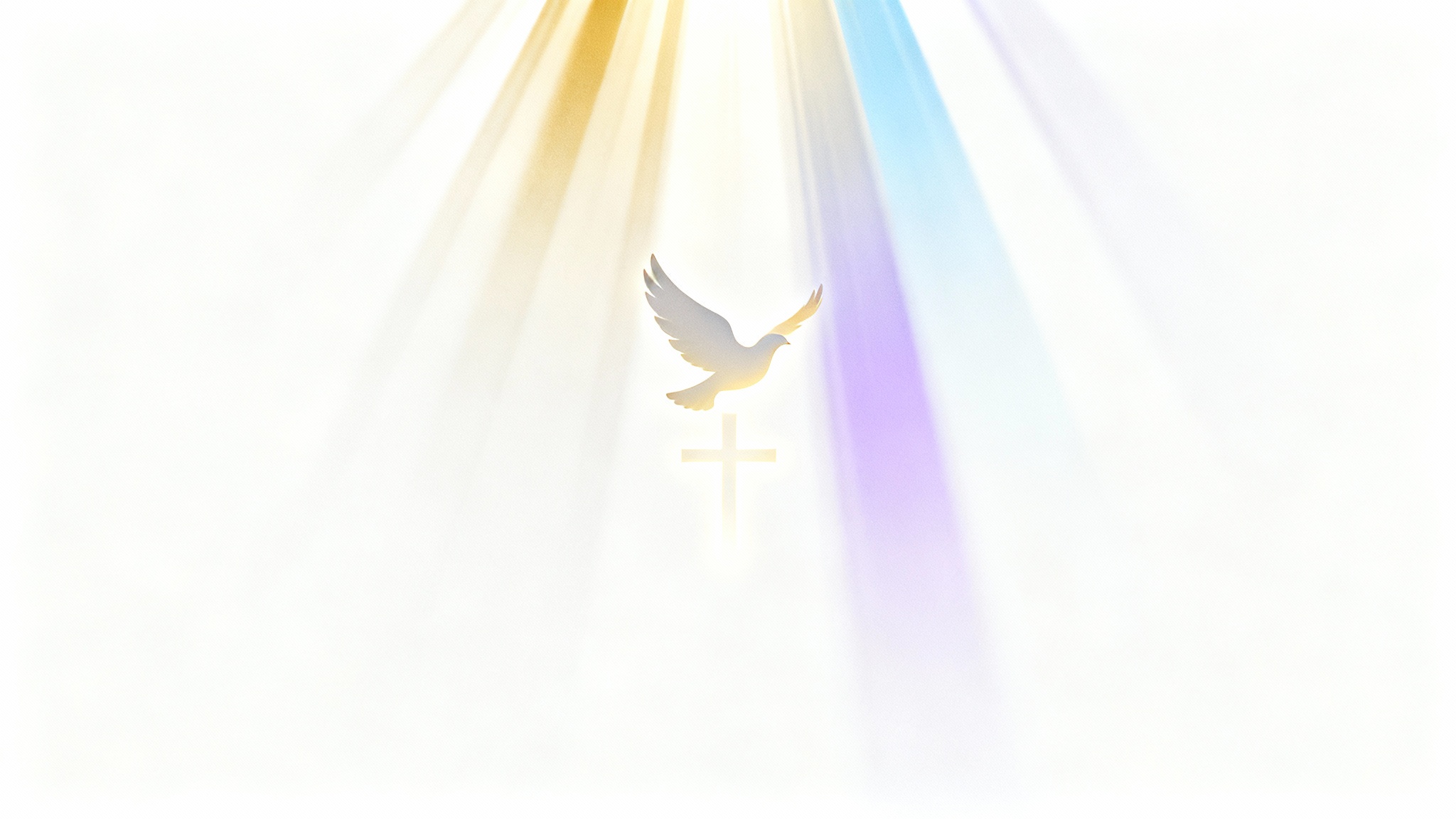 A modern church background design featuring abstract golden and blue light rays descending from the top, with a stylized glowing cross in the center, all on a plain white background.