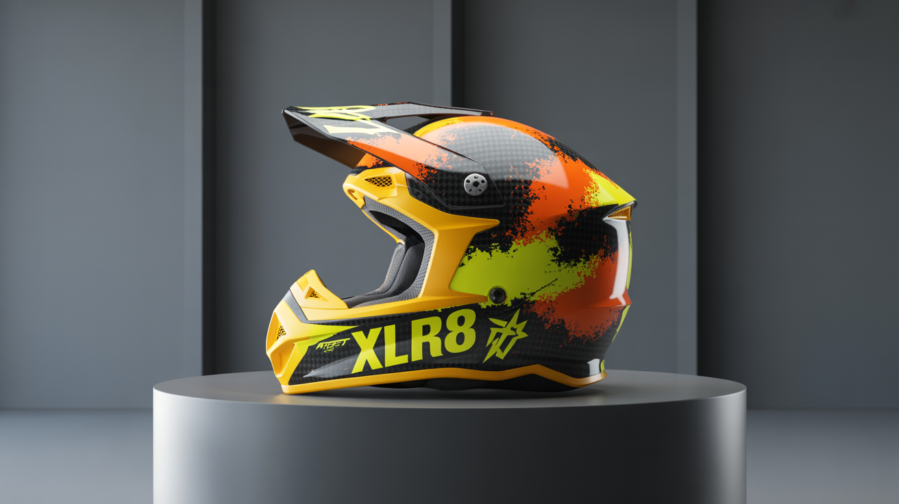 A professional studio photograph of a motocross helmet with a custom-designed graphics wrap featuring bold orange, yellow, and black patterns and the race number '99'.
