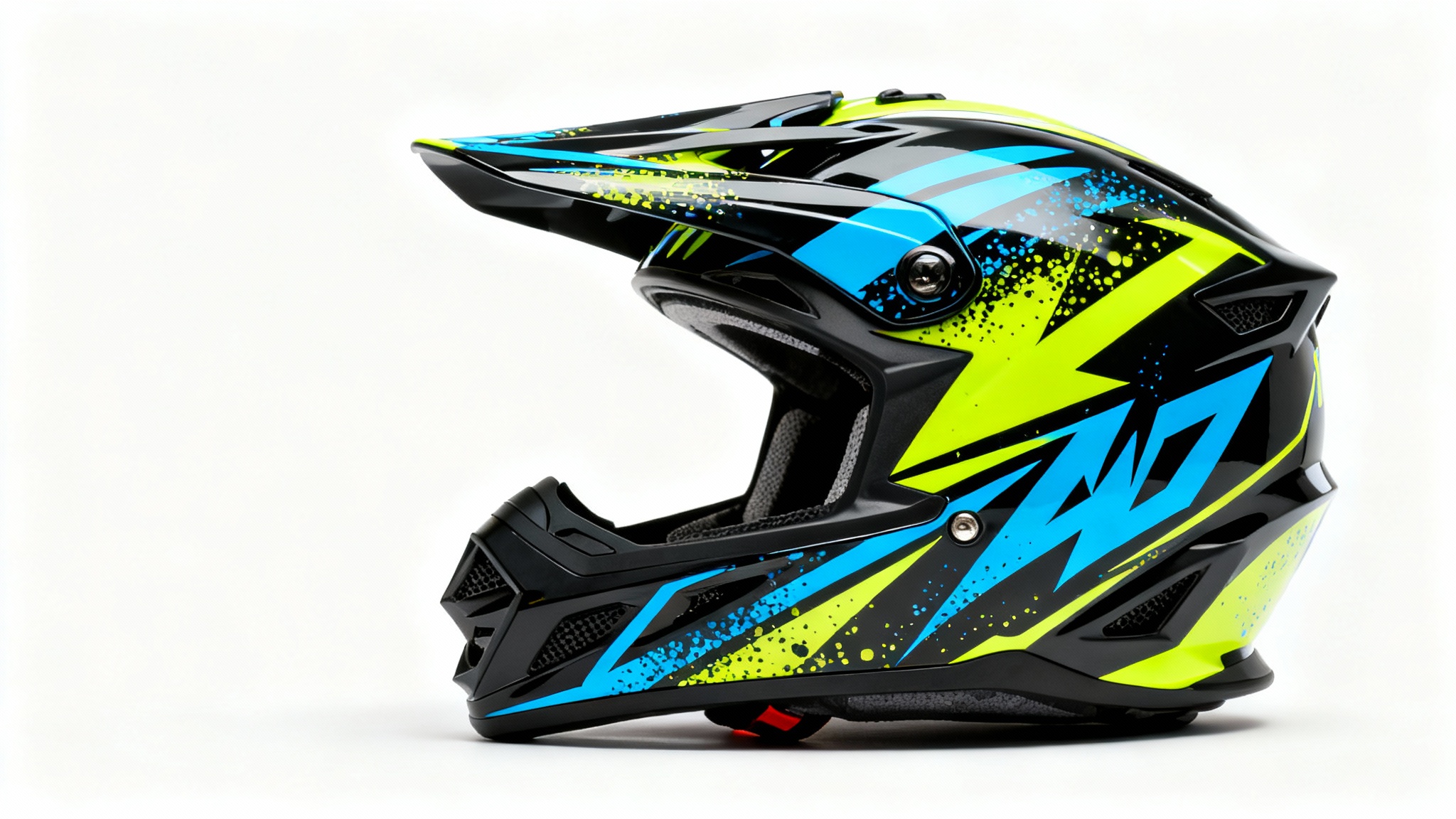 A modern motocross helmet with aggressive, custom graphics in electric blue, neon yellow, and matte black, shot in a professional studio setting against a plain white background.