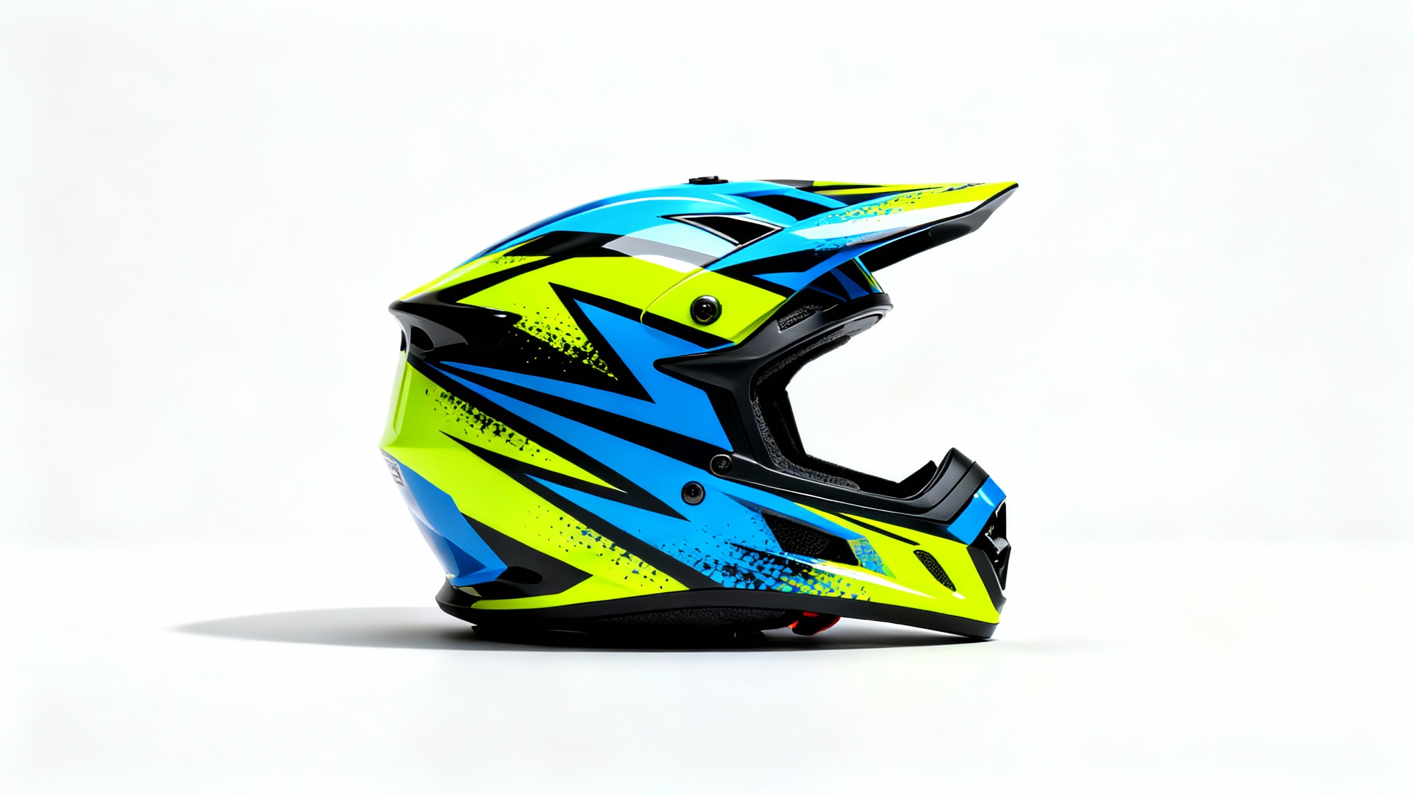 A modern motocross helmet with custom-designed graphics in electric blue, neon yellow, and black, displayed as a product mockup on a clean white background.