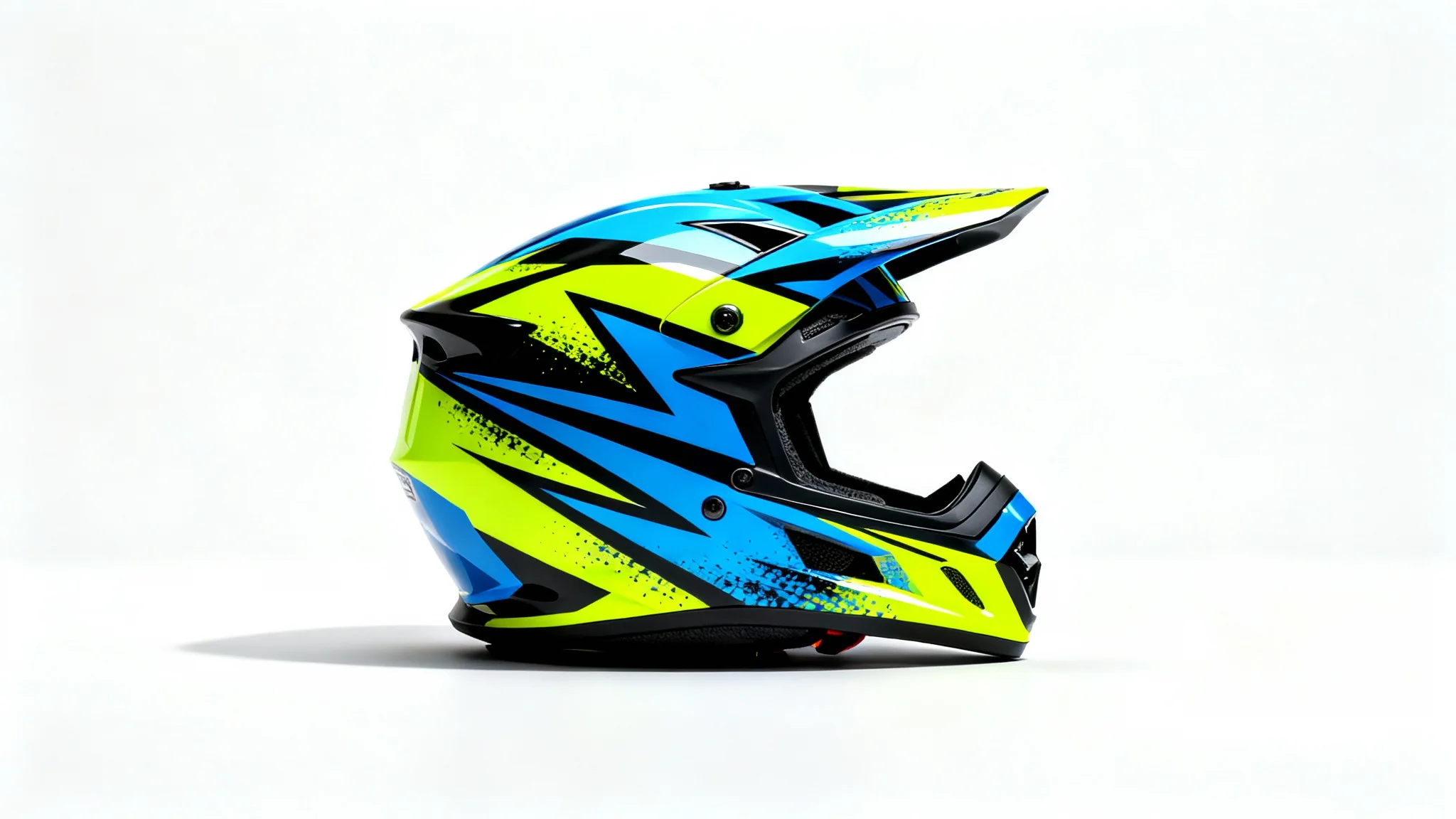 A modern motocross helmet with custom-designed graphics in electric blue, neon yellow, and black, displayed as a product mockup on a clean white background.