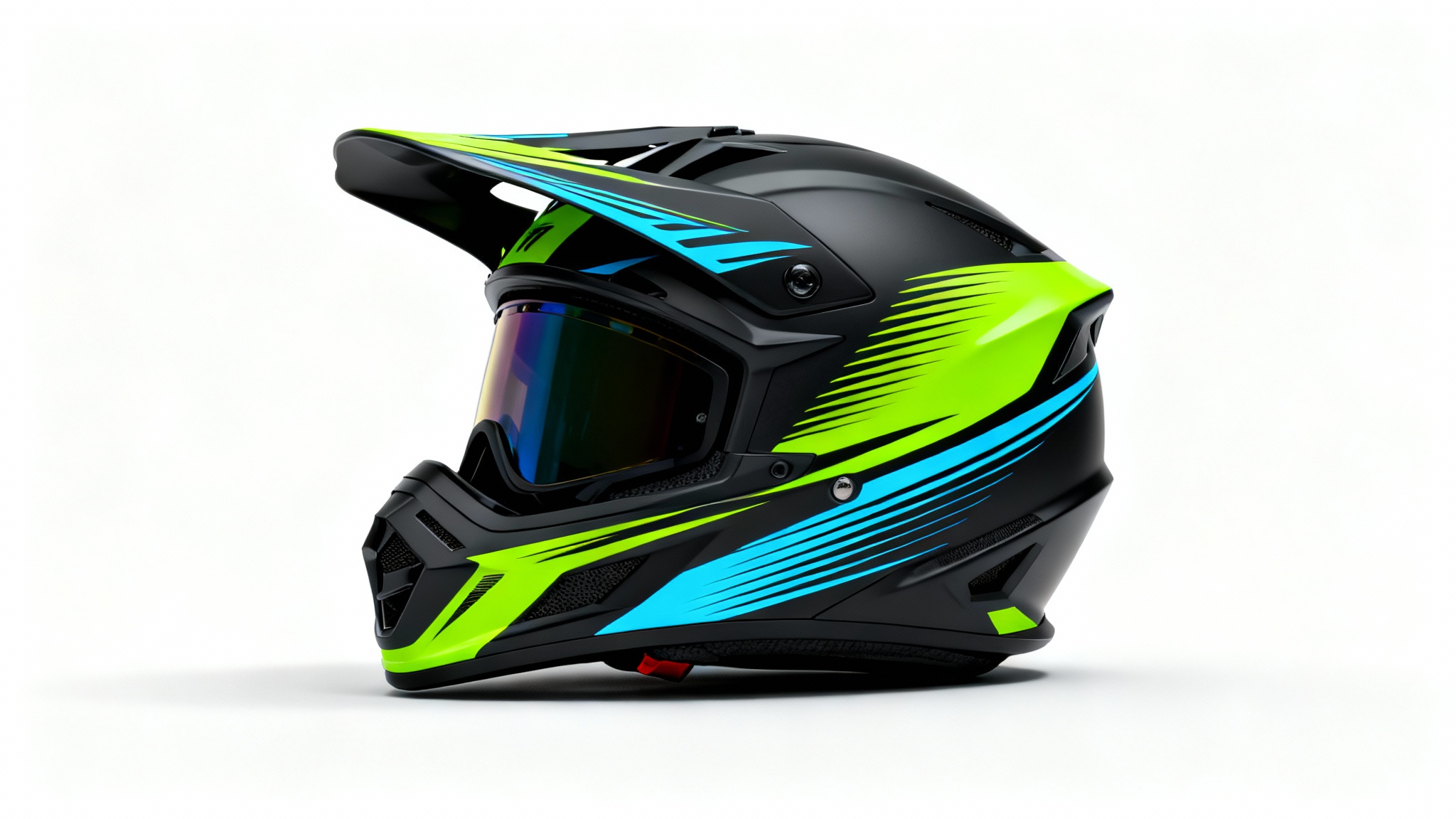 A modern motocross helmet with a matte black finish and vibrant neon green and blue graphics, shot in a professional studio setting against a plain white background.