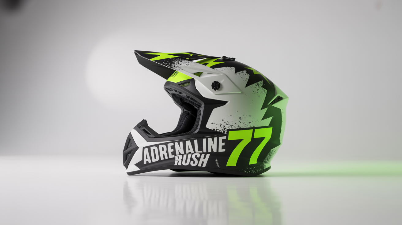 A modern motocross helmet with a custom neon green, blue, and black graphic design featuring the words 'ADRENALINE RUSH' and the number '77', displayed on a white background.