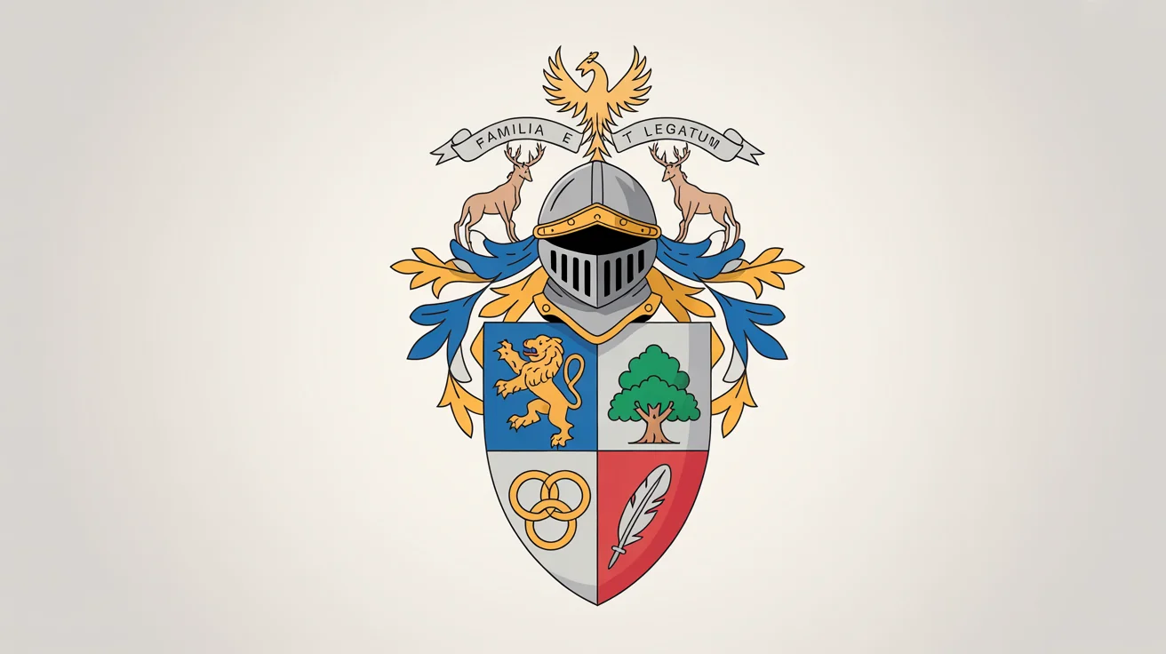 A professionally designed coat of arms mockup on a white background, featuring a quartered shield with a lion, tree, rings, and quill. It's topped with a knight's helmet and a phoenix crest, supported by two stags, with a banner below reading 'Familia et Legatum'.