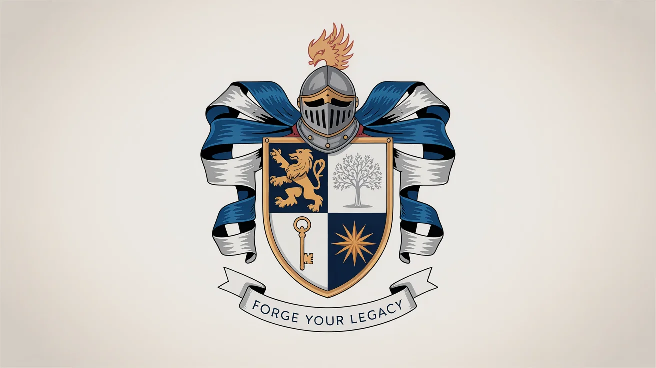 A beautifully crafted, modern coat of arms mockup. It features a shield with a lion and an oak tree, a phoenix crest, and a banner with the motto 'Forge Your Legacy', demonstrating a unique personal or family emblem.