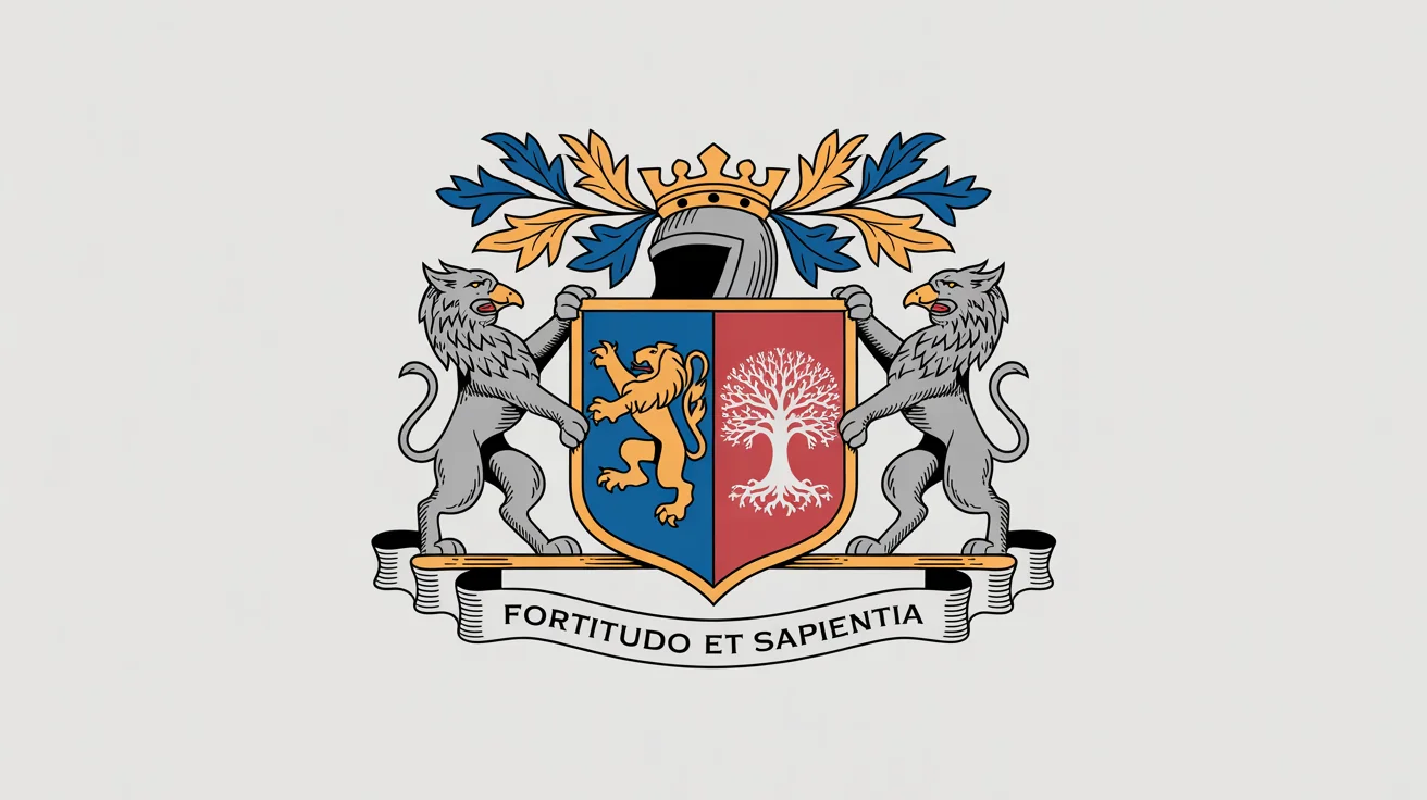 A custom-designed coat of arms on a white background, featuring a shield with a lion and an oak tree, supported by two griffins, with a crown on top and a motto banner below.