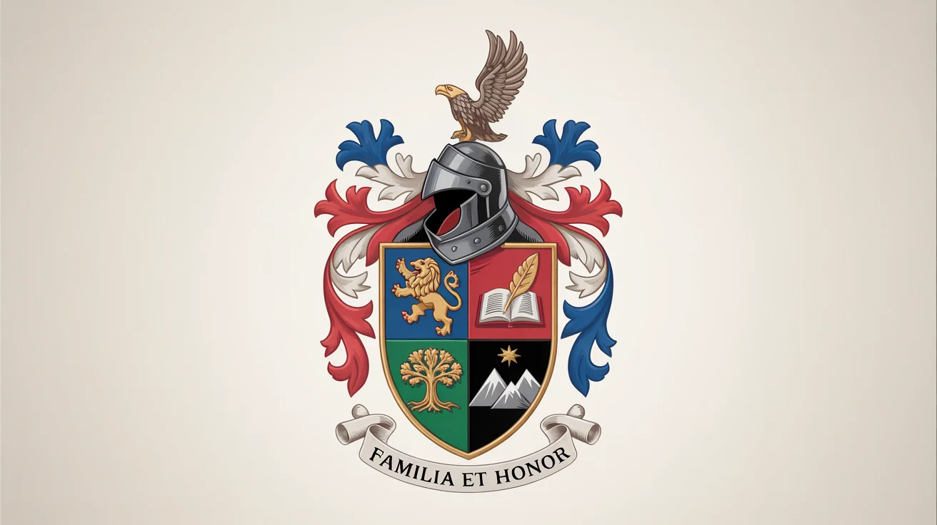 A custom-designed, elegant coat of arms on a white background, featuring a shield with a lion, an oak tree, a book, and mountains. The shield is supported by two stags and topped with a knight's helmet and a soaring eagle. A banner below reads 'Familia et Honor'.