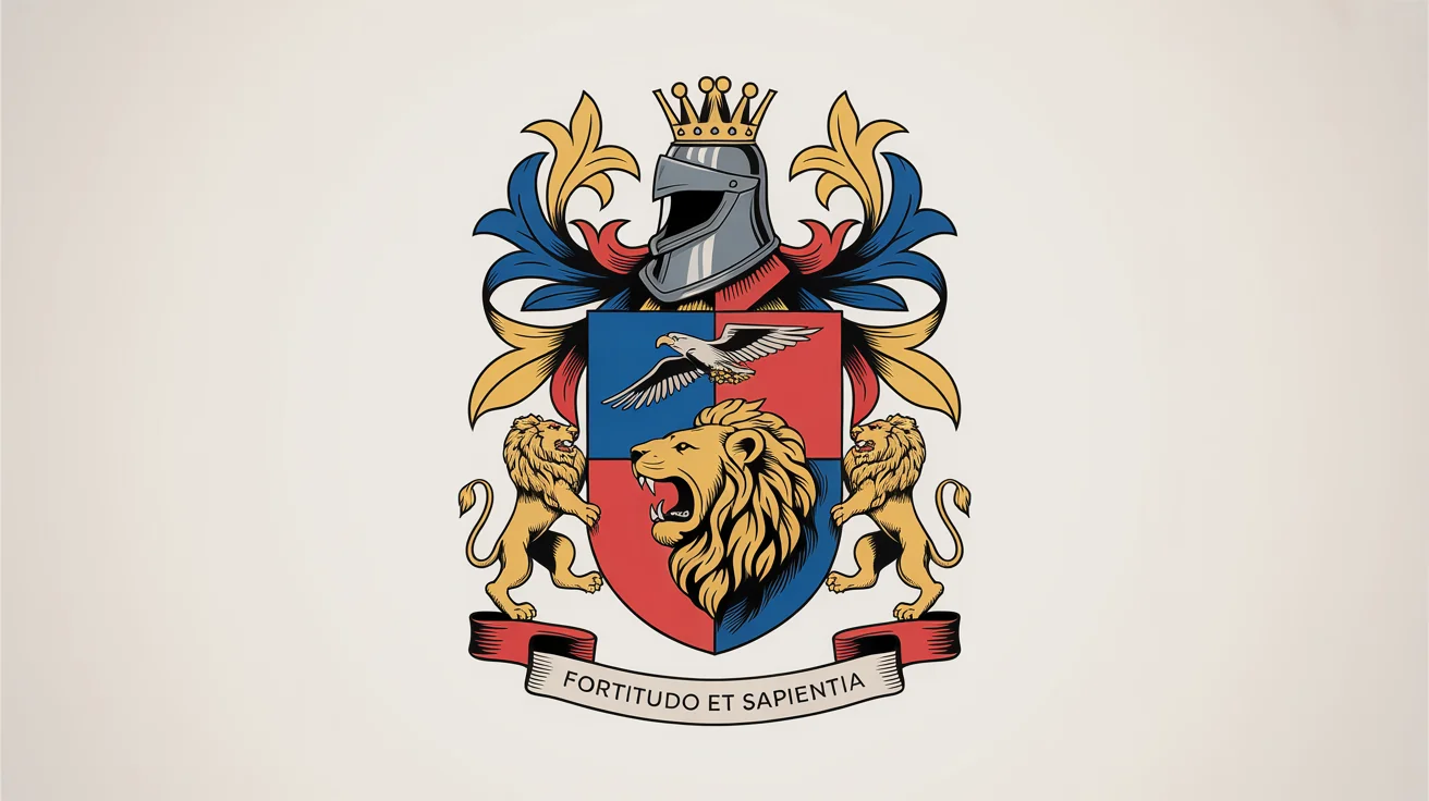 A custom-designed, modern coat of arms on a white background, featuring a shield with a lion and eagle, supported by two rampant lions, and a banner with the motto 'Fortitudo et Sapientia'.