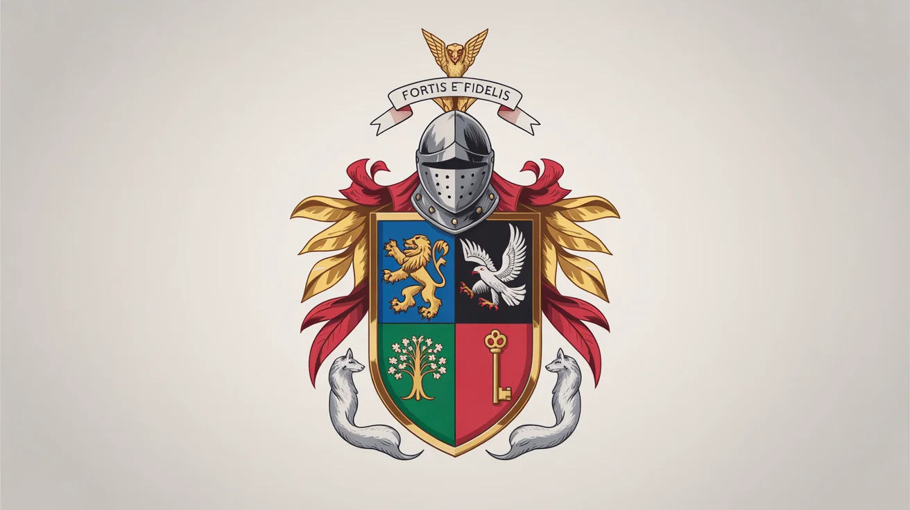 A modern, beautifully designed coat of arms featuring a shield with a lion, tree, and eagle, supported by two wolves, with a motto banner below, all on a clean white background.