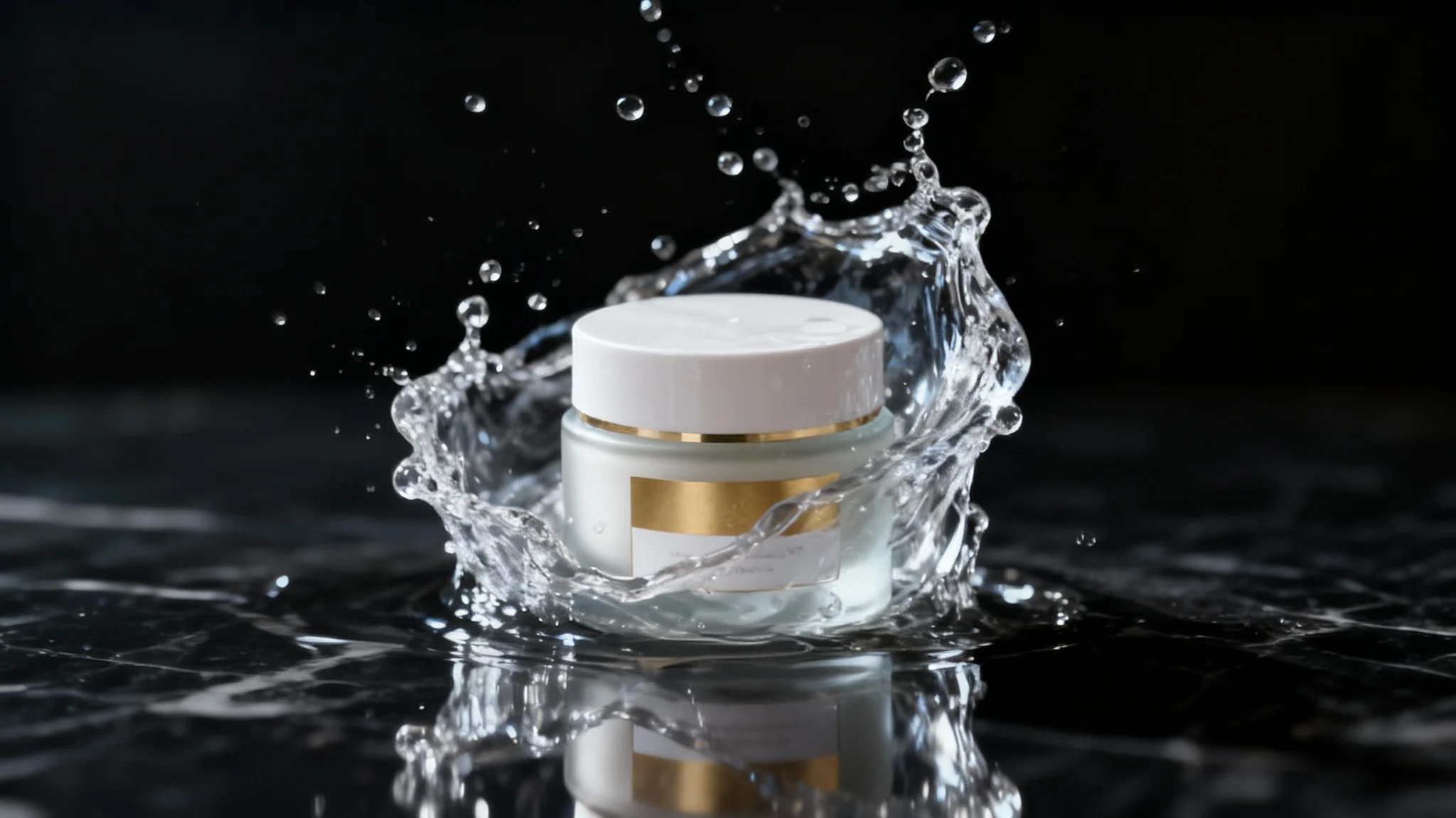 A luxurious hero shot of a skincare cream in a frosted glass jar, with a dynamic water splash captured mid-air around it on a dark, reflective surface, creating a sophisticated and high-end feel.
