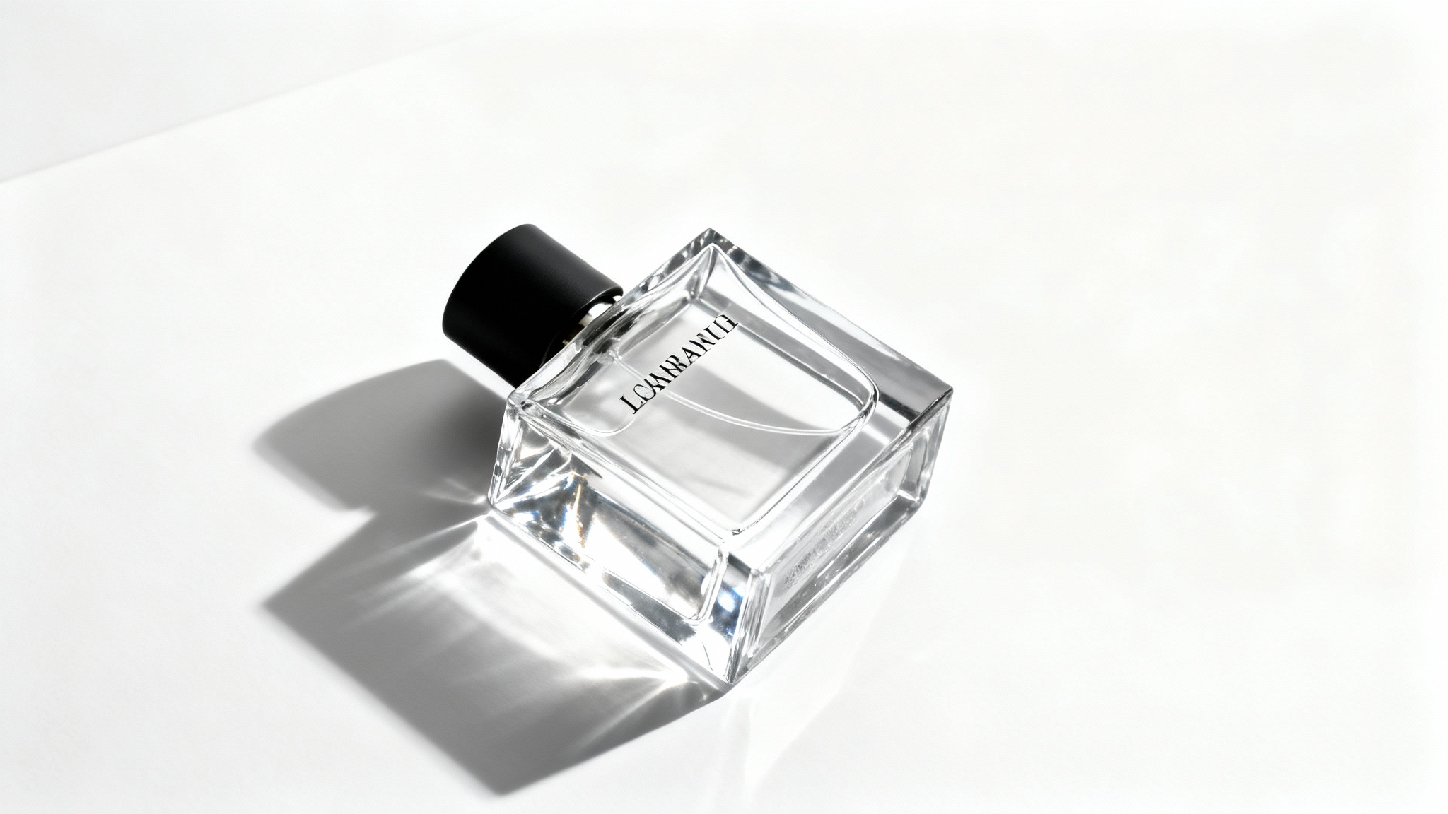 A dramatic hero shot of a modern, minimalist perfume bottle, angled heroically against a stark white background with sharp lighting and soft shadows.